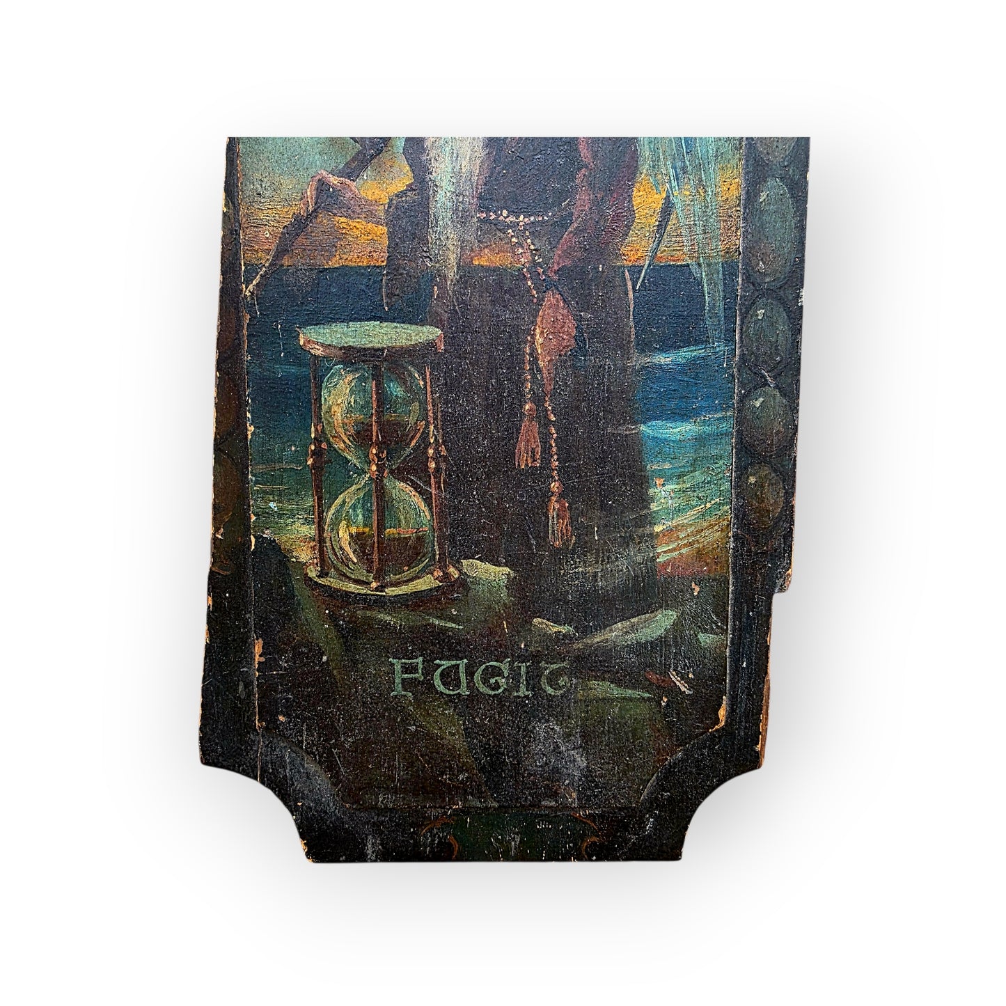 Late 18th‑Century English Antique Folk-Art Painted Door Panel Depicting Father Time, Inscribed Tempus Fugit