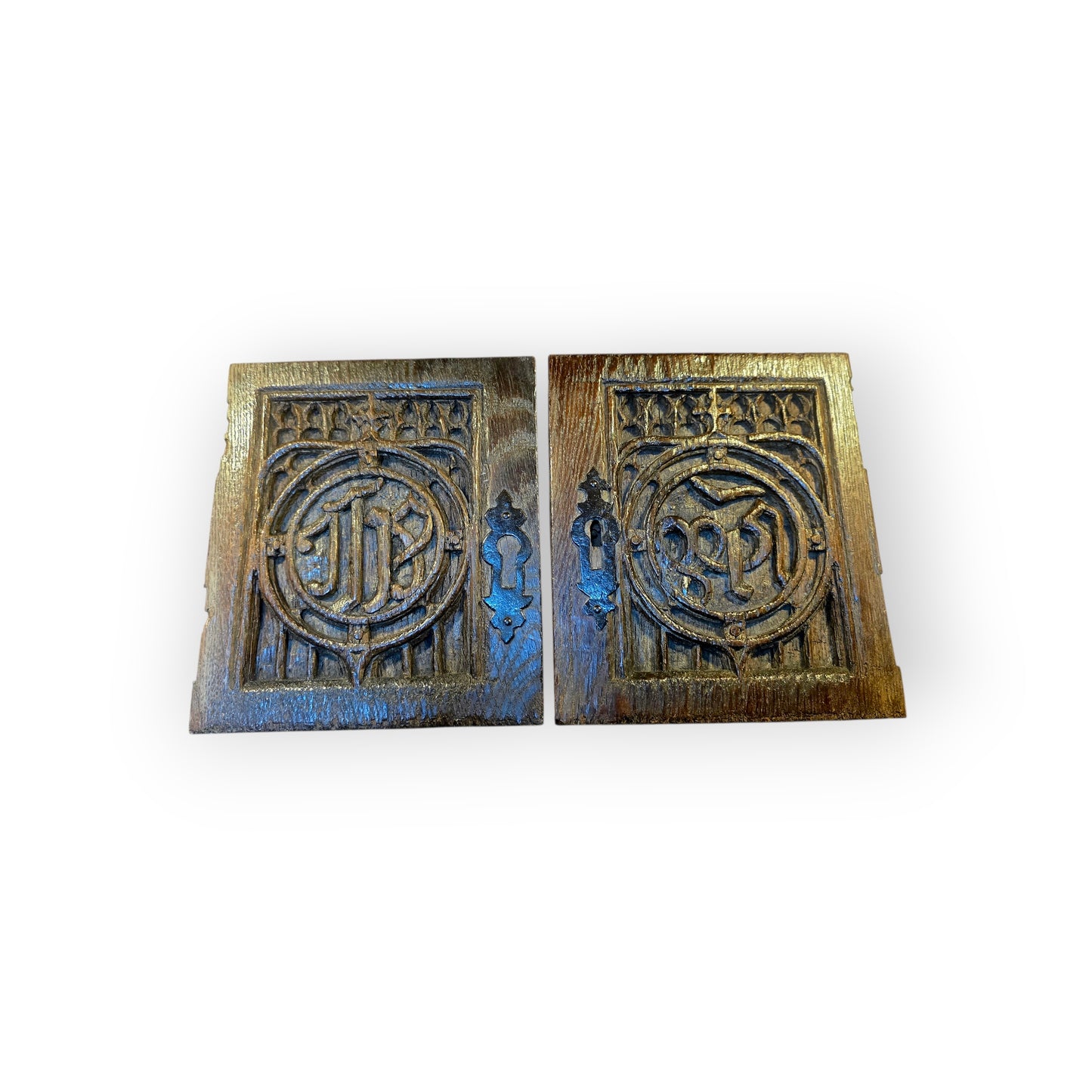 Pair of 15th‑Century Gothic Carved Oak Door Panels with Christogram & Marian Monogram