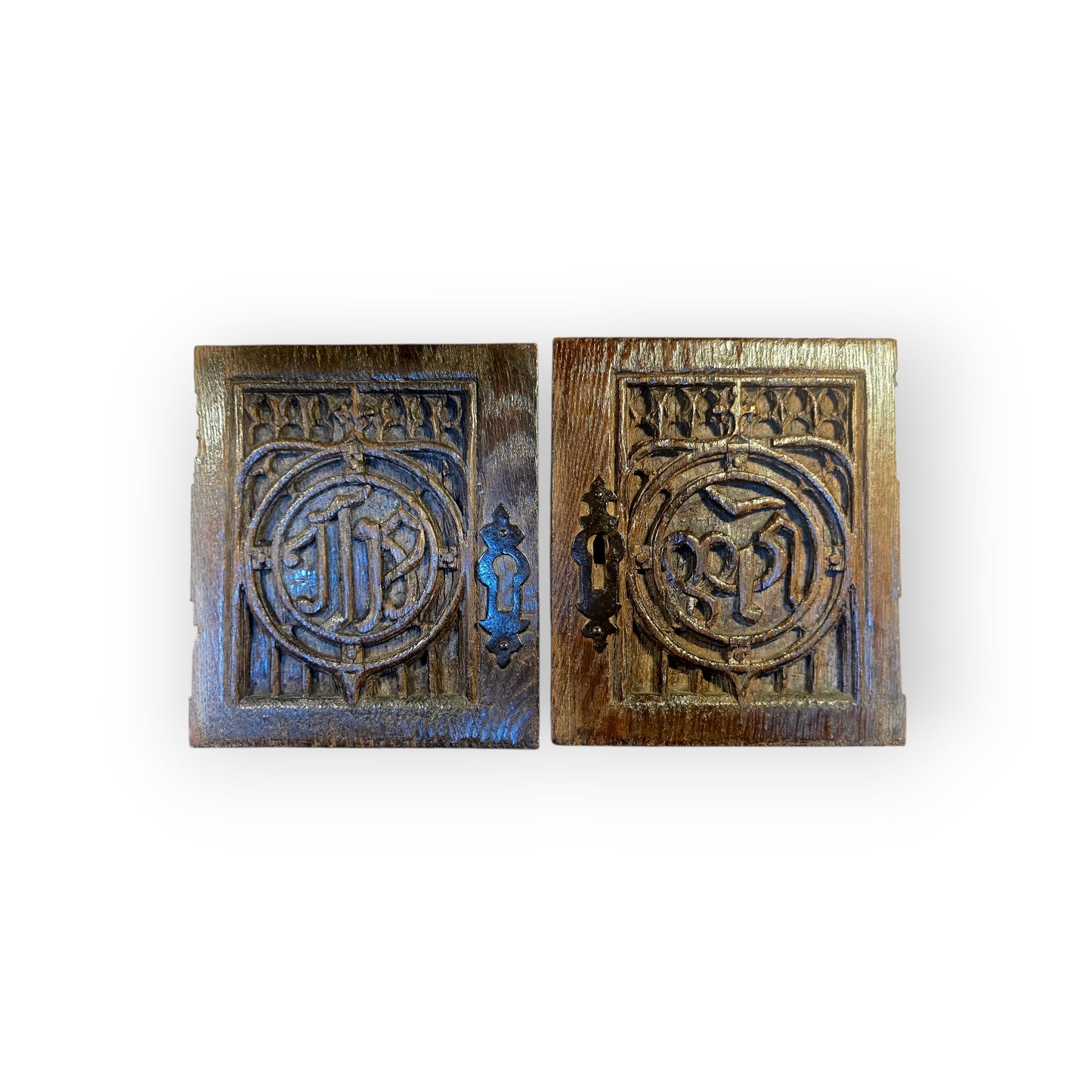 Pair of 15th‑Century Gothic Carved Oak Door Panels with Christogram & Marian Monogram