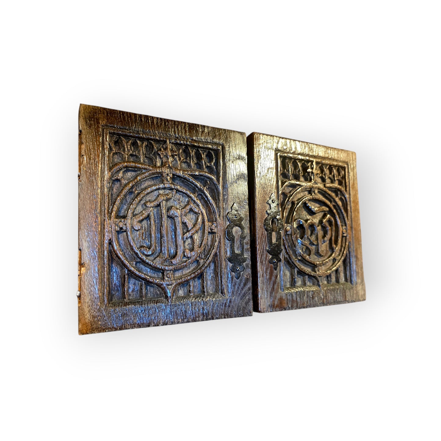 Pair of 15th‑Century Gothic Carved Oak Door Panels with Christogram & Marian Monogram