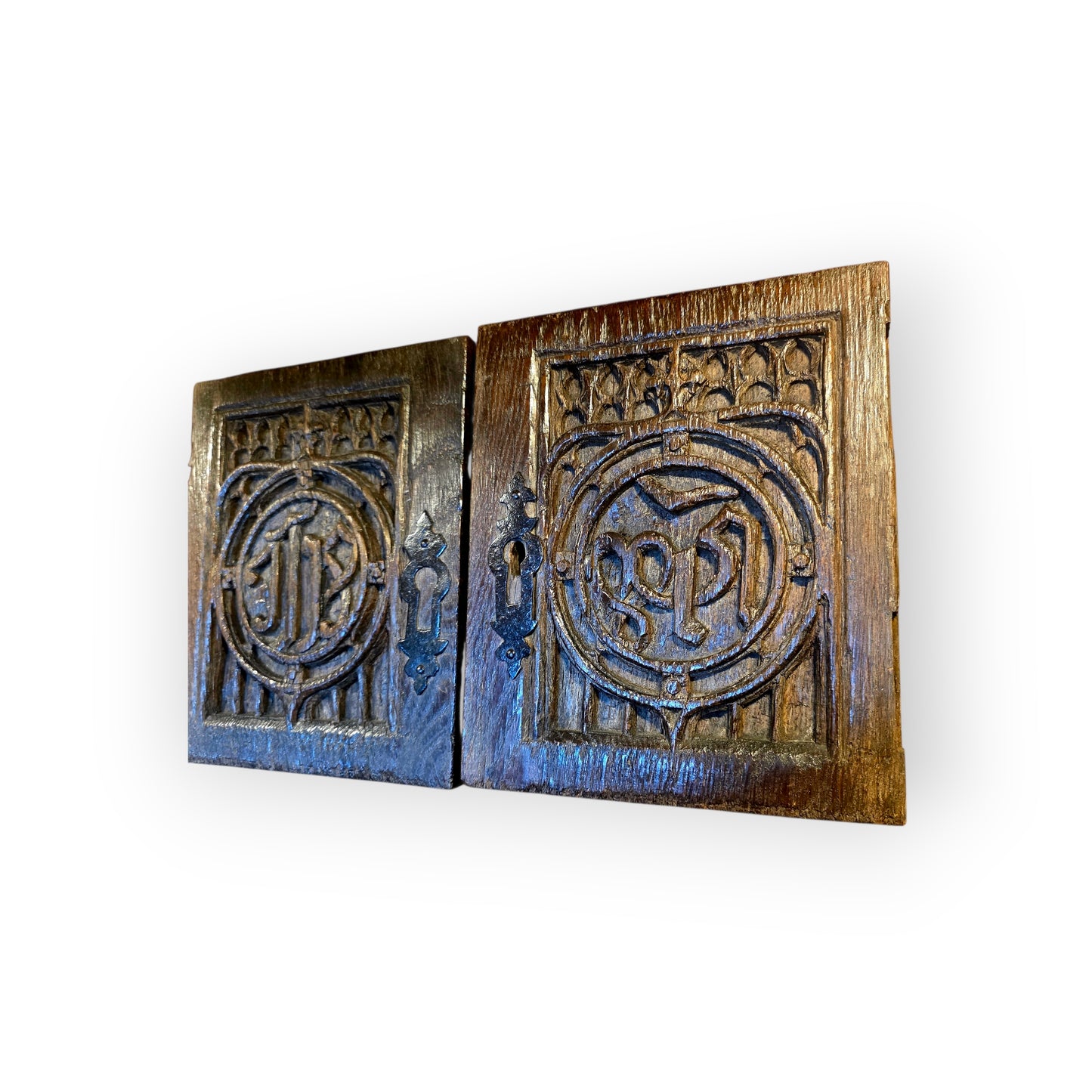 Pair of 15th‑Century Gothic Carved Oak Door Panels with Christogram & Marian Monogram