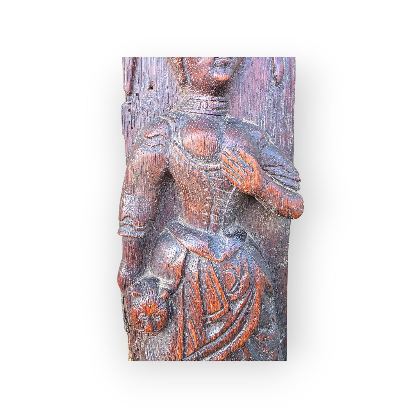 16th/17th‑Century Carved Oak Figural Panel – Depicting Fortitude With a Cat