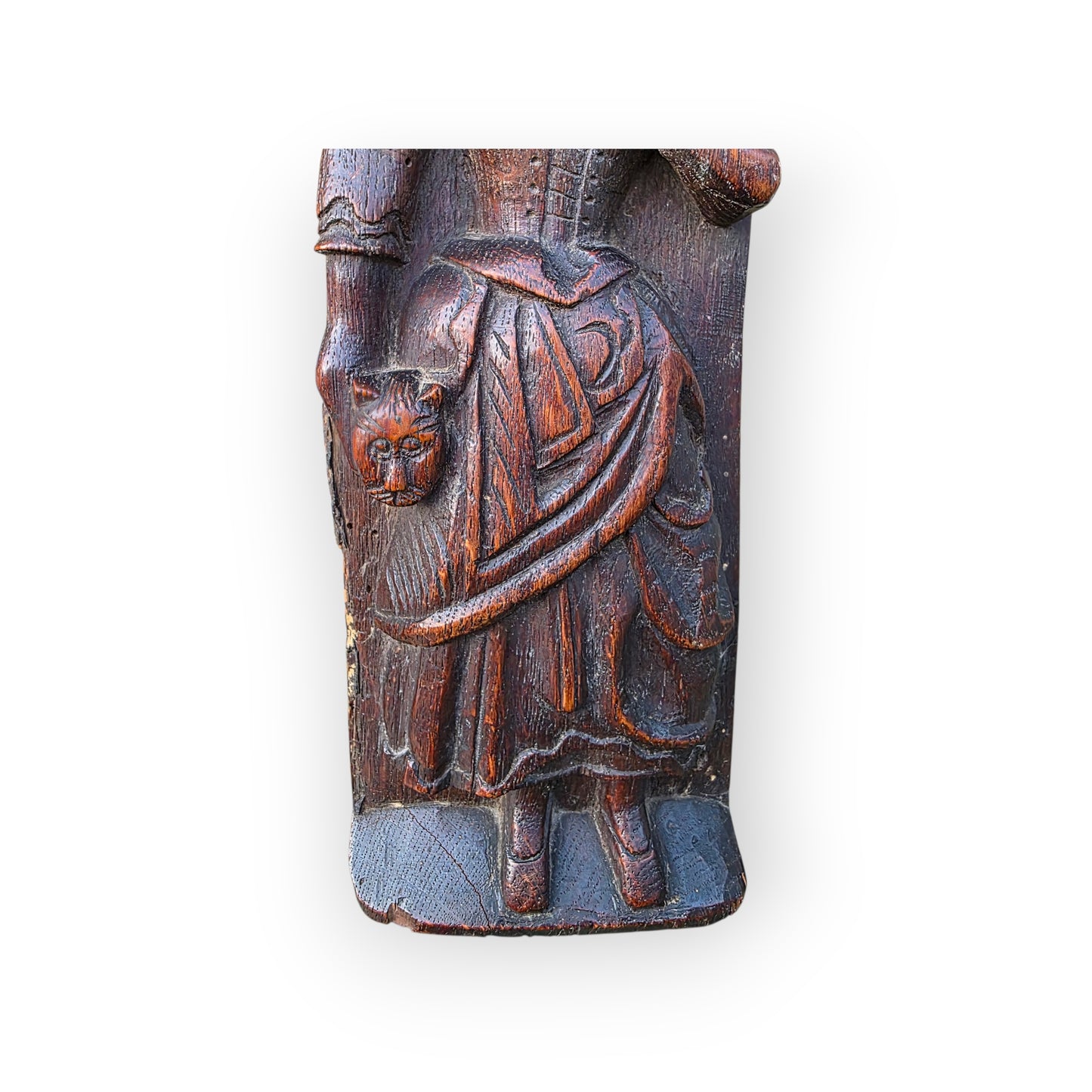 16th/17th‑Century Carved Oak Figural Panel – Depicting Fortitude With a Cat