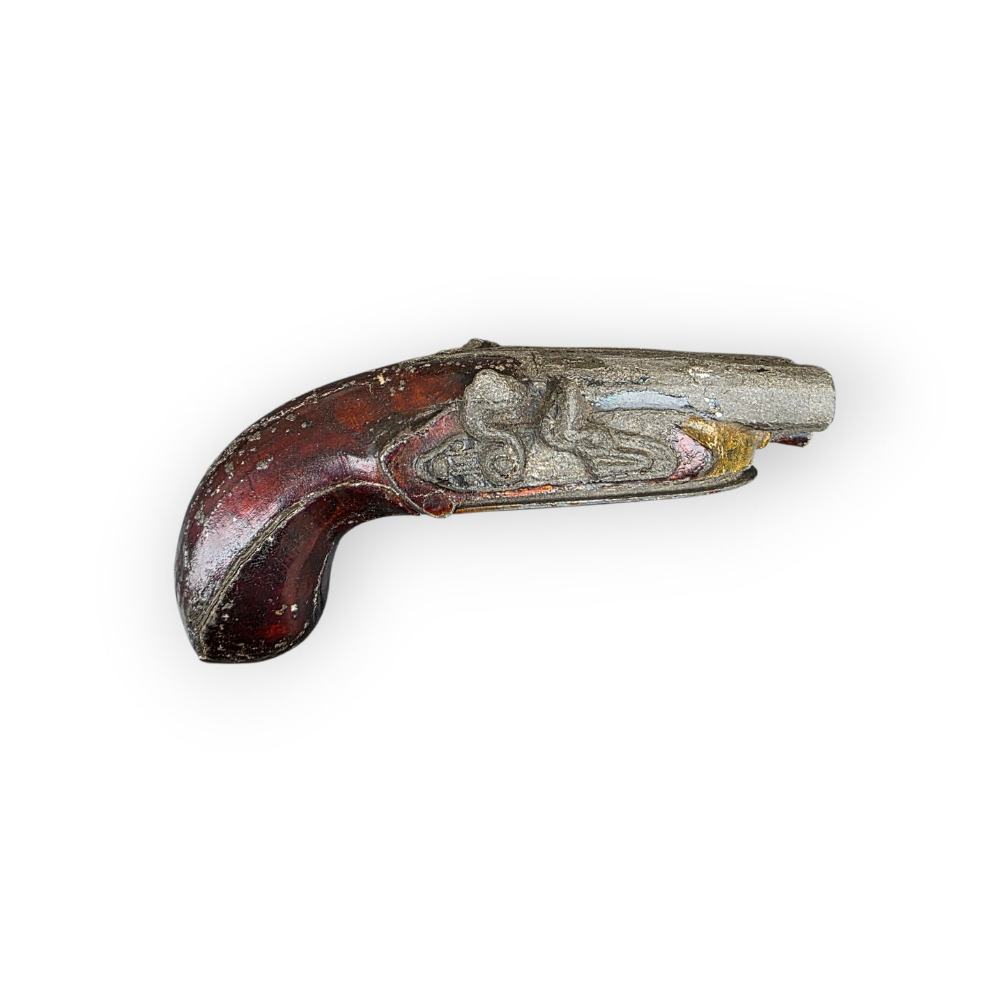 Late 18th Century George III Period English Antique Pewter Snuff in the Form of a Double-Barrelled Flintlock Pistol