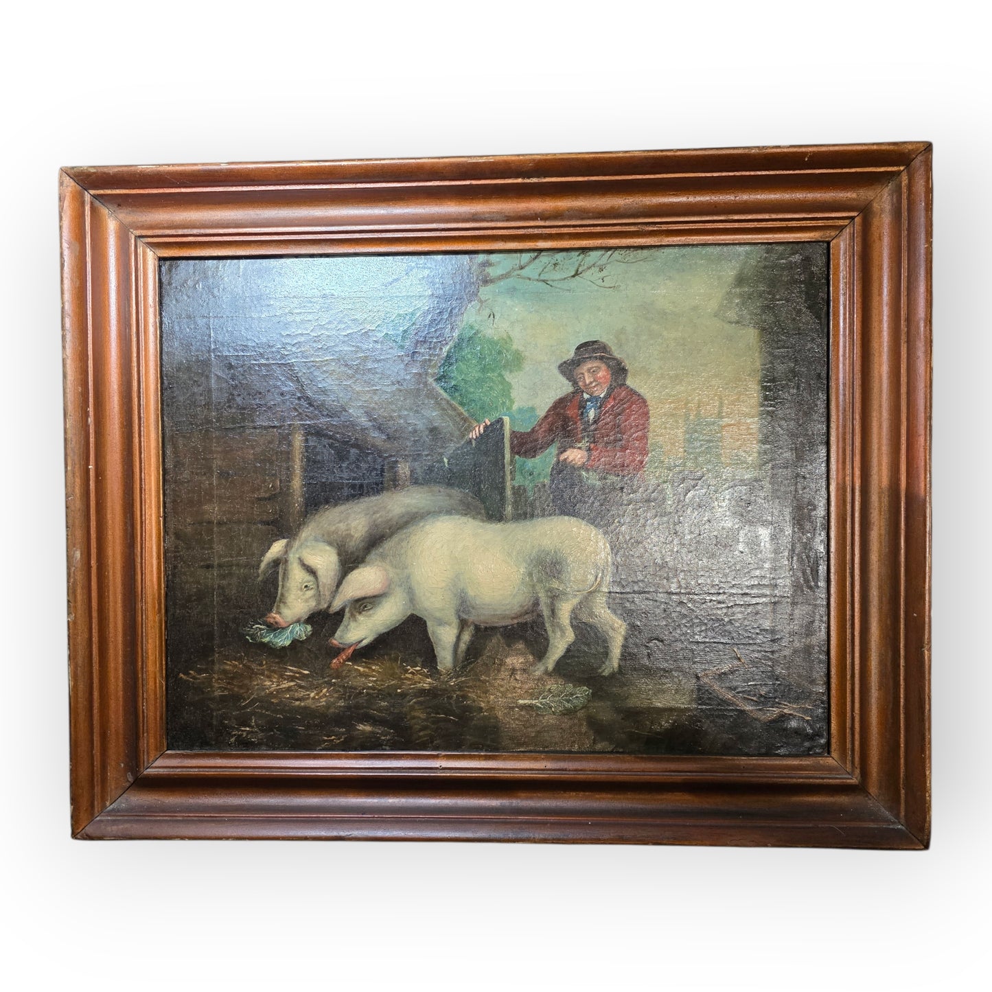 Follower of George Morland (1763-1804) - An Early 19th Century Primitive English School Antique Folk Art Oil on Canvas of Pigs in a Pigsty