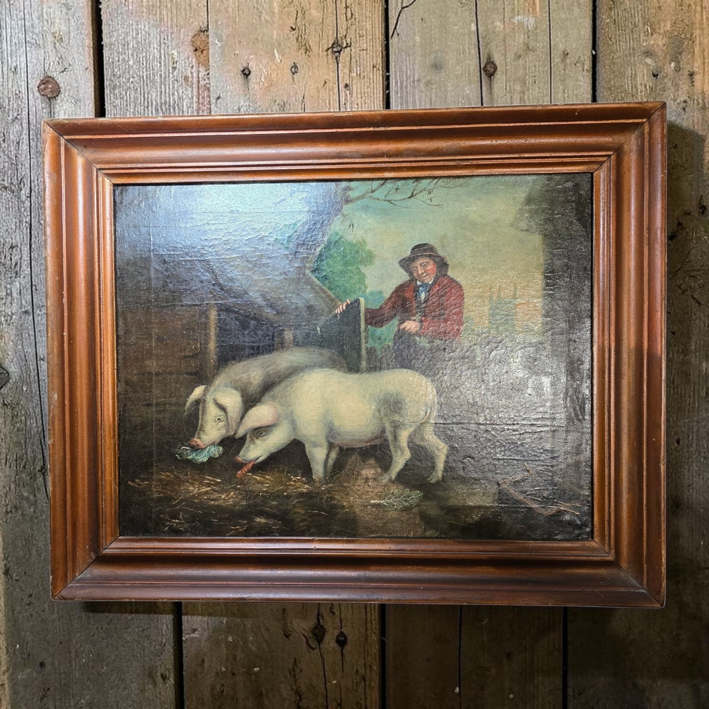 Follower of George Morland (1763-1804) - An Early 19th Century Primitive English School Antique Folk Art Oil on Canvas of Pigs in a Pigsty