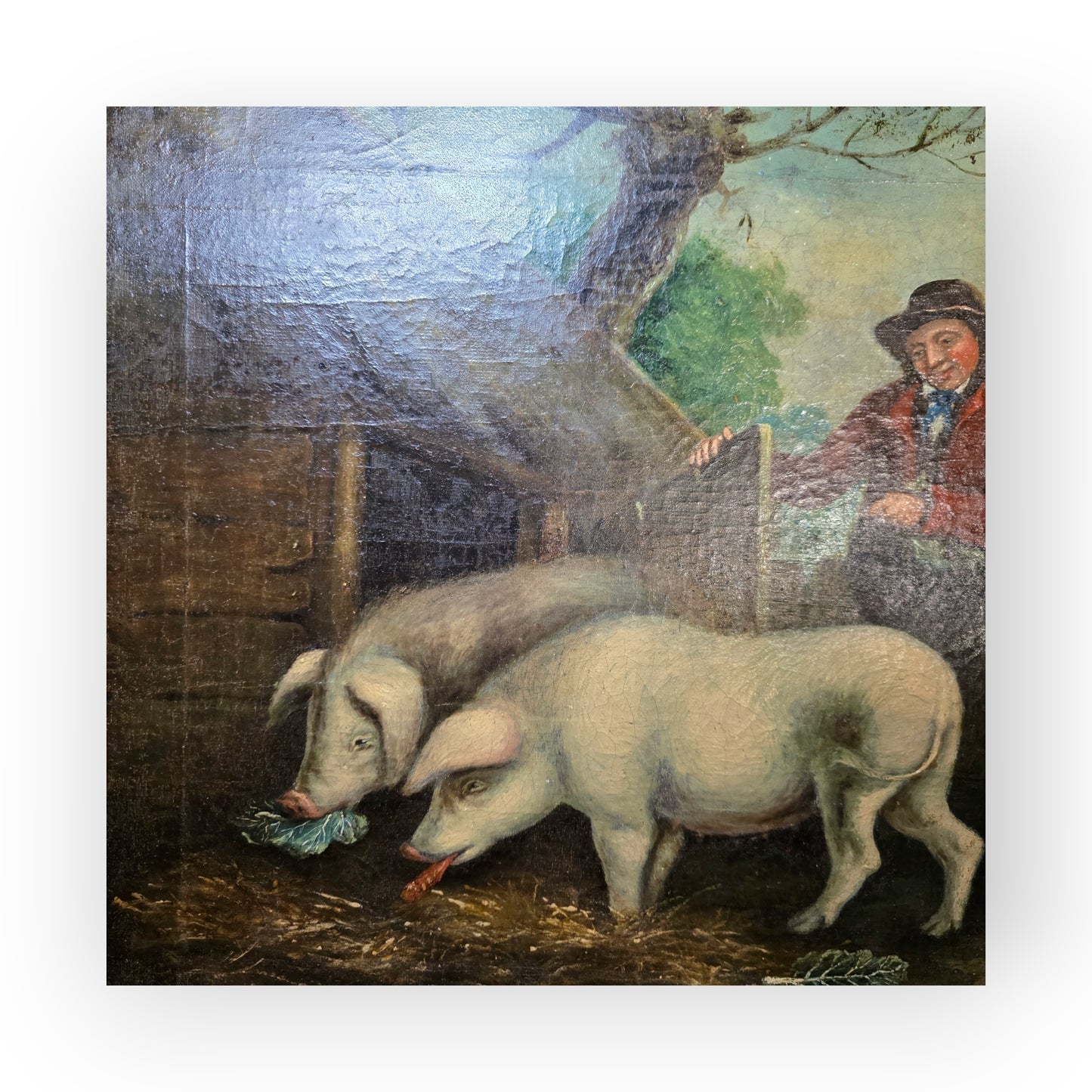 Follower of George Morland (1763-1804) - An Early 19th Century Primitive English School Antique Folk Art Oil on Canvas of Pigs in a Pigsty