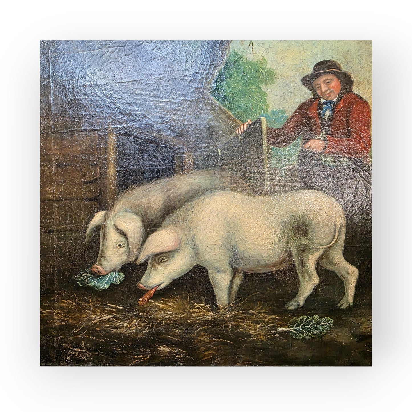 Follower of George Morland (1763-1804) - An Early 19th Century Primitive English School Antique Folk Art Oil on Canvas of Pigs in a Pigsty