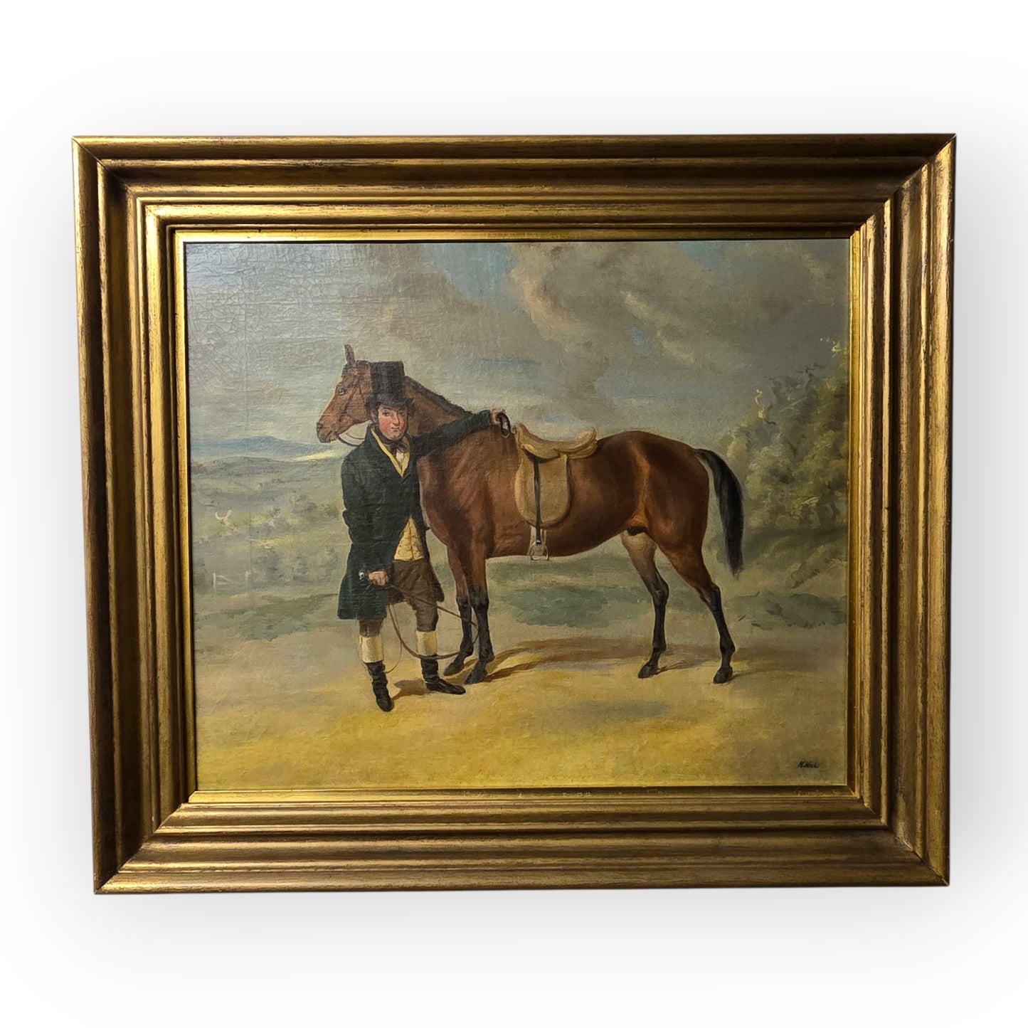 Mid 19th Century English School Antique Oil Portrait Painting of a Gentleman Farmer and His Prize Horse, Signed "H Hall"