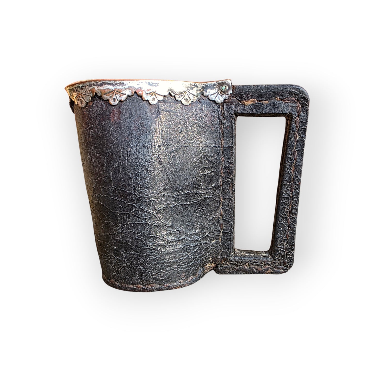 Late 17th-Century English Leather Blackjack Tankard with Silver-Plated Rim - Drinking Vessel