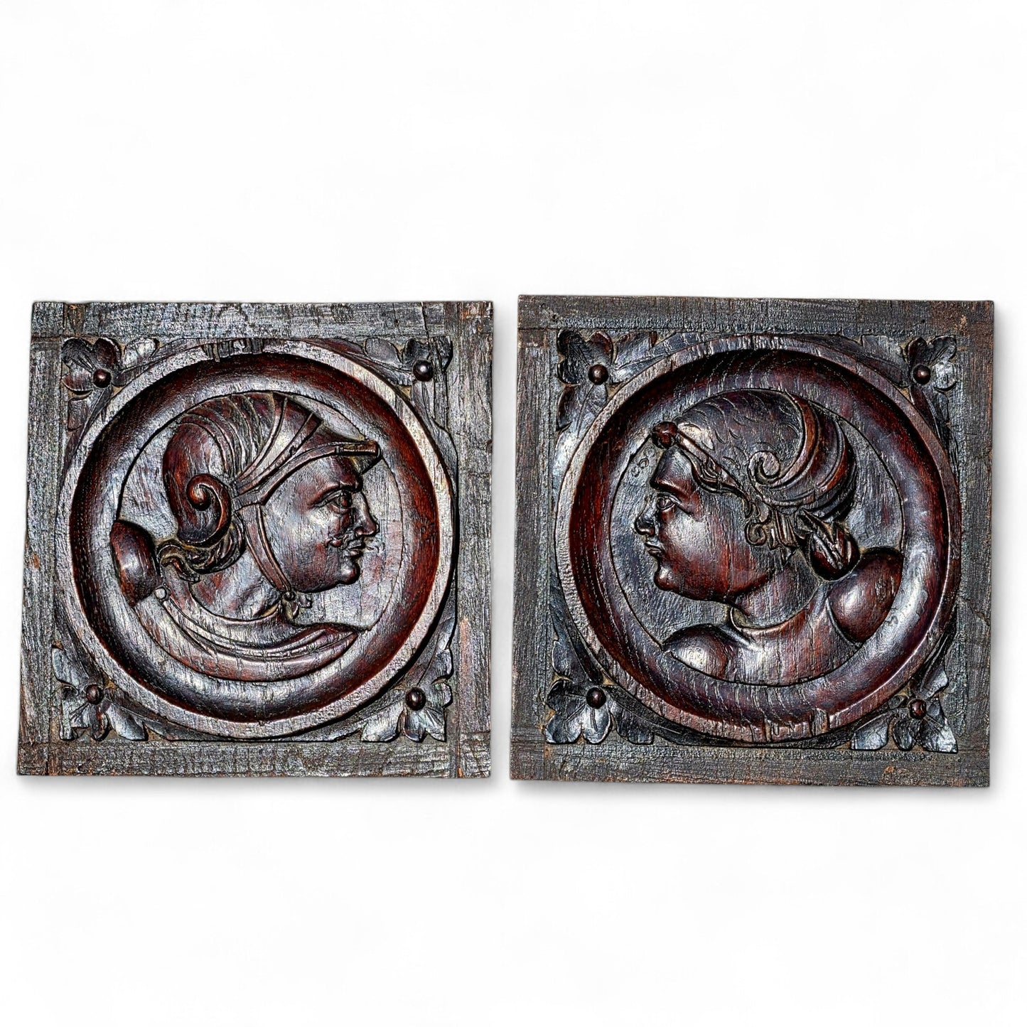 Pair of 16th-Century Antique Carved Oak Romayne Portrait Panels