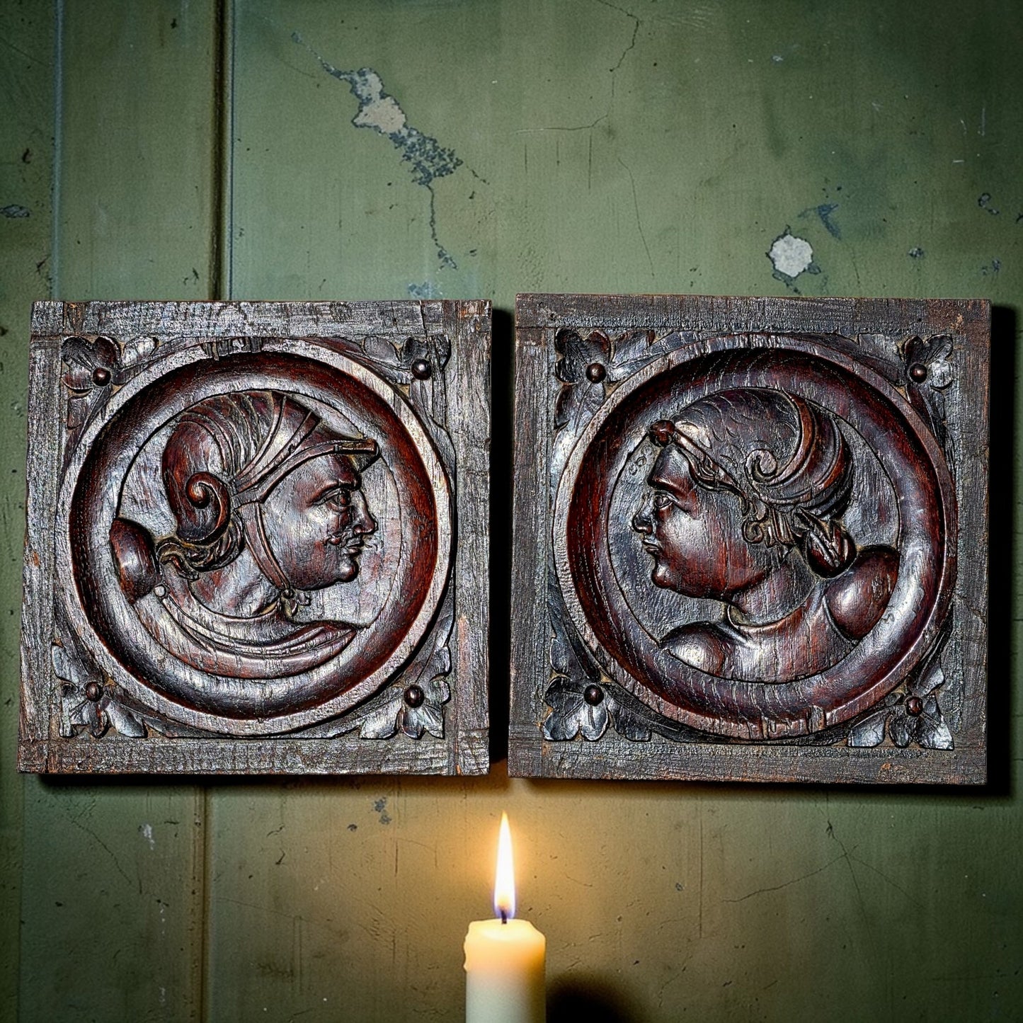 Pair of 16th-Century Antique Carved Oak Romayne Portrait Panels