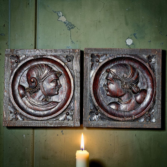 Pair of 16th-Century Antique Carved Oak Romayne Portrait Panels