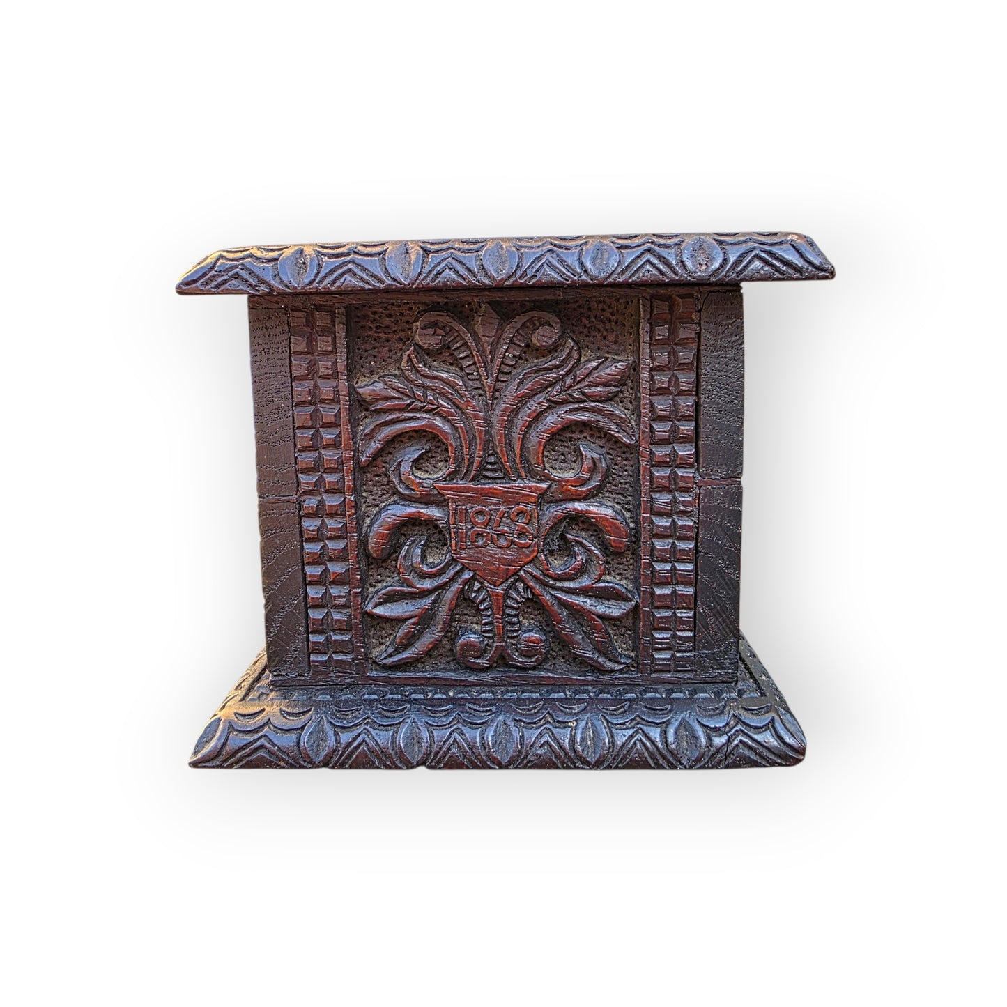 York Minster Interest - A Modestly Proportioned Mid-19th-Century English Antique Oak Carved Box Constructed from 14th-Century Timbers Salvaged From York Minster in 1868