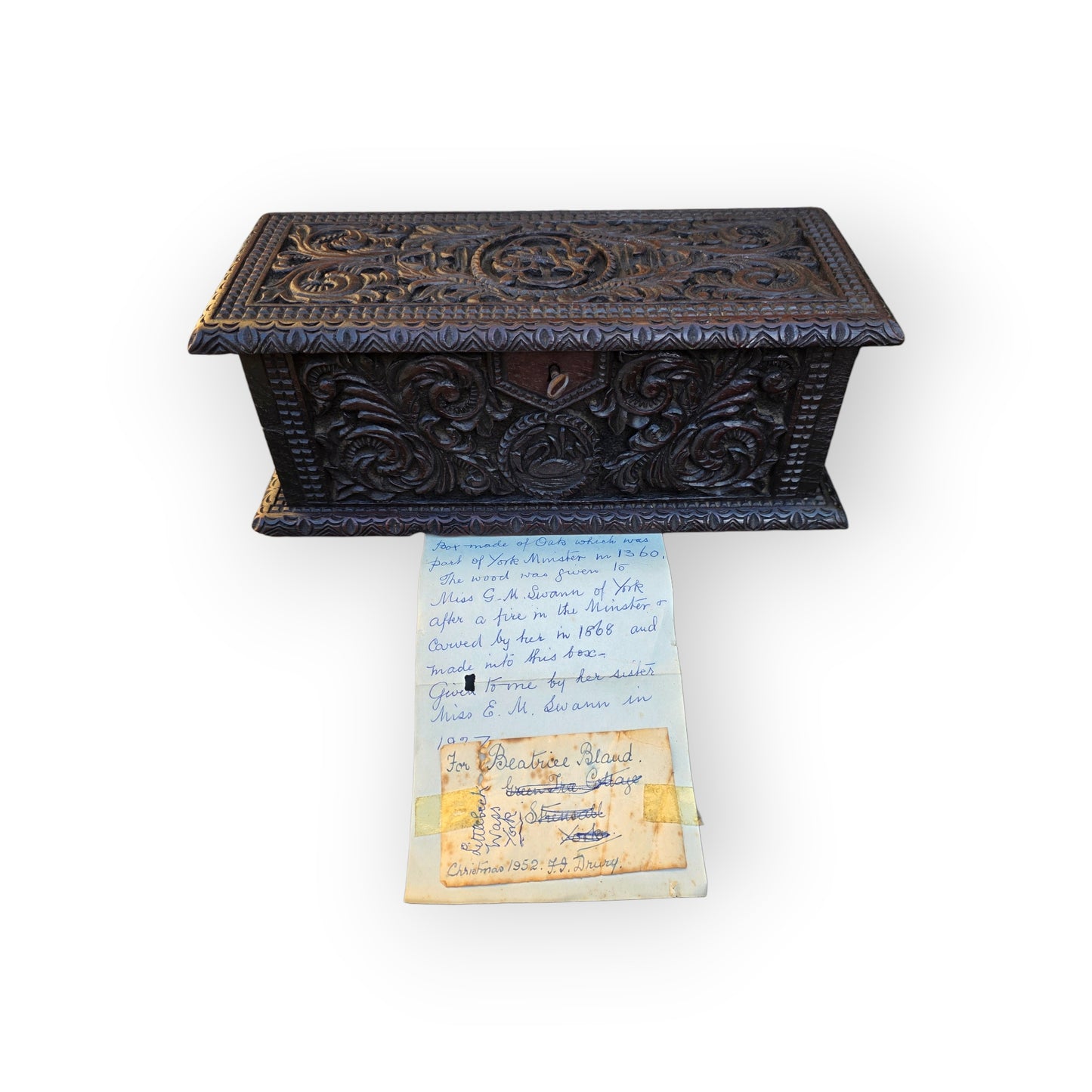 York Minster Interest - A Modestly Proportioned Mid-19th-Century English Antique Oak Carved Box Constructed from 14th-Century Timbers Salvaged From York Minster in 1868