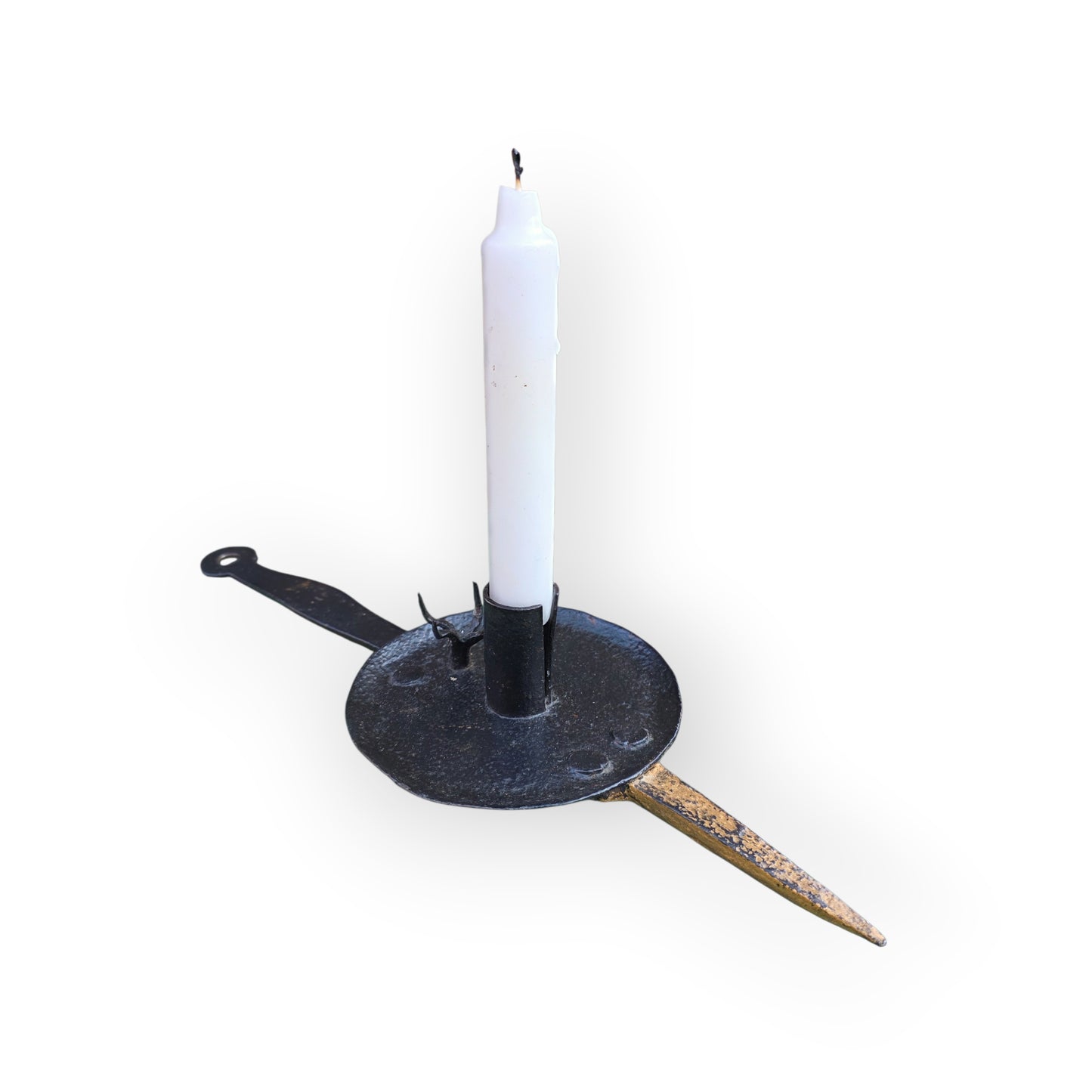 18th-Century English Antique Wrought Iron Cellar Candlestick of Rare Form with Single Candleholder and "Save-All"