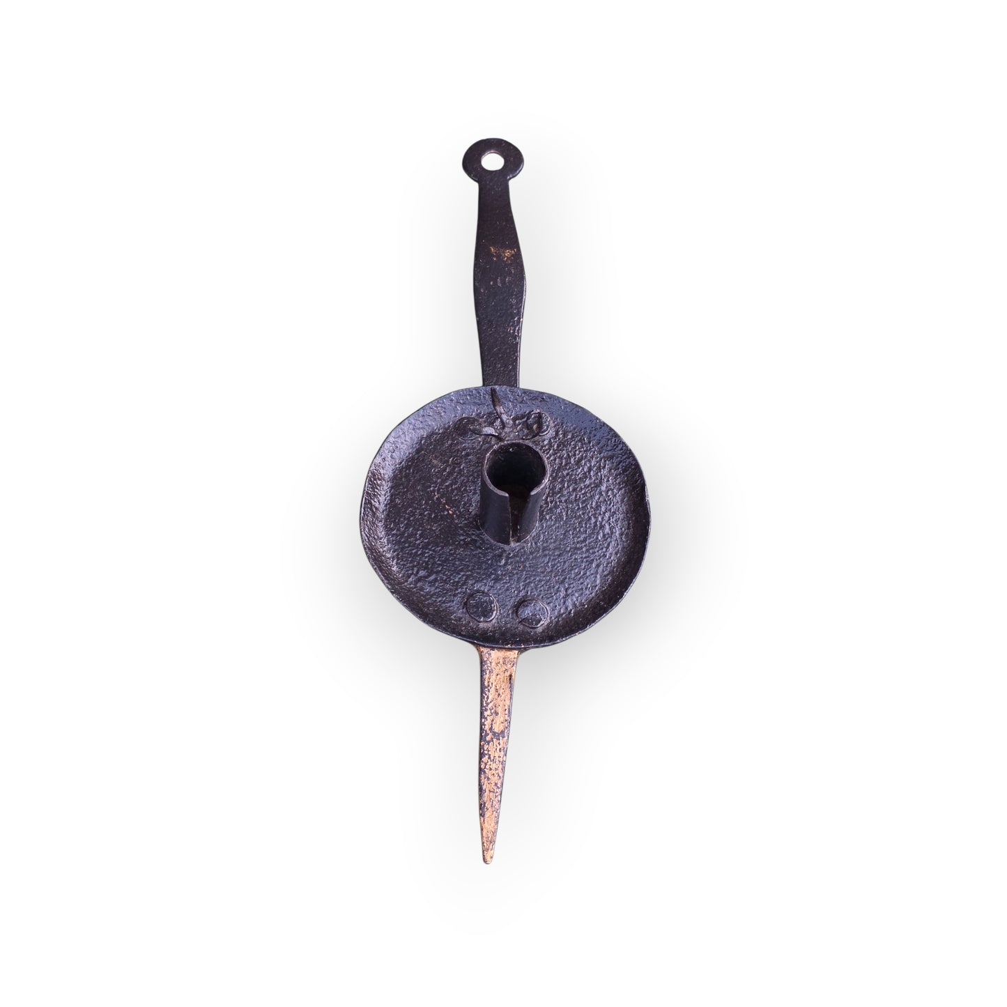 18th-Century English Antique Wrought Iron Cellar Candlestick of Rare Form with Single Candleholder and "Save-All"