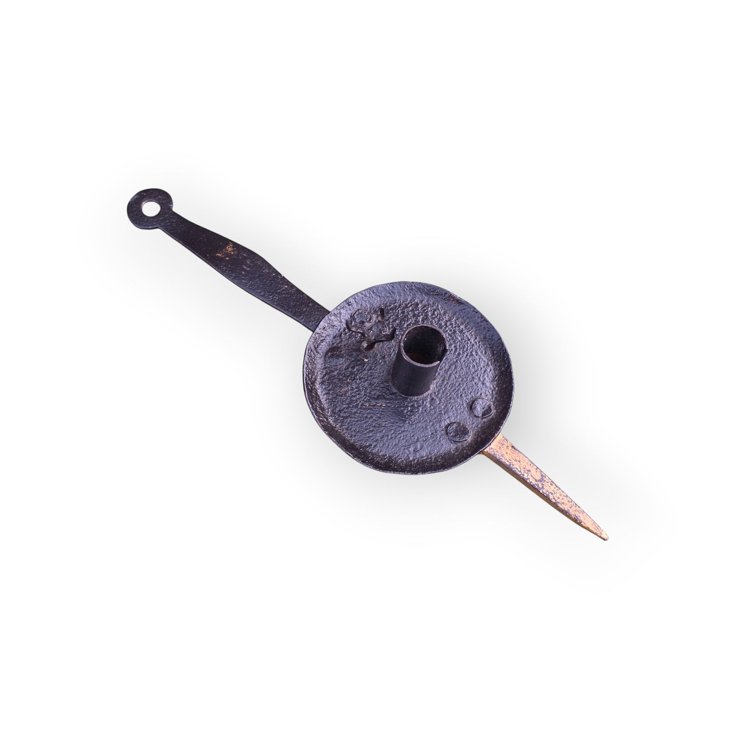 18th-Century English Antique Wrought Iron Cellar Candlestick of Rare Form with Single Candleholder and "Save-All"