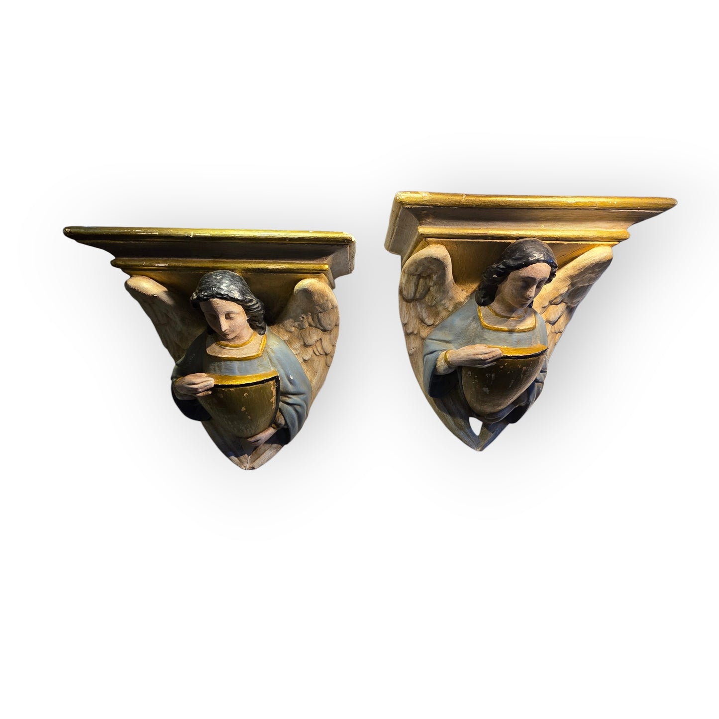 A Pair of Large 19th Century Antique Plaster Corbels Cast in the Form of Angels