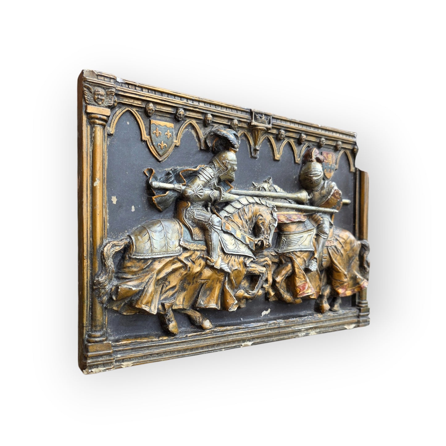 Medieval Style, English-Made Decorative Plaster Plaque Depicting Knights Jousting in Original Polychrome