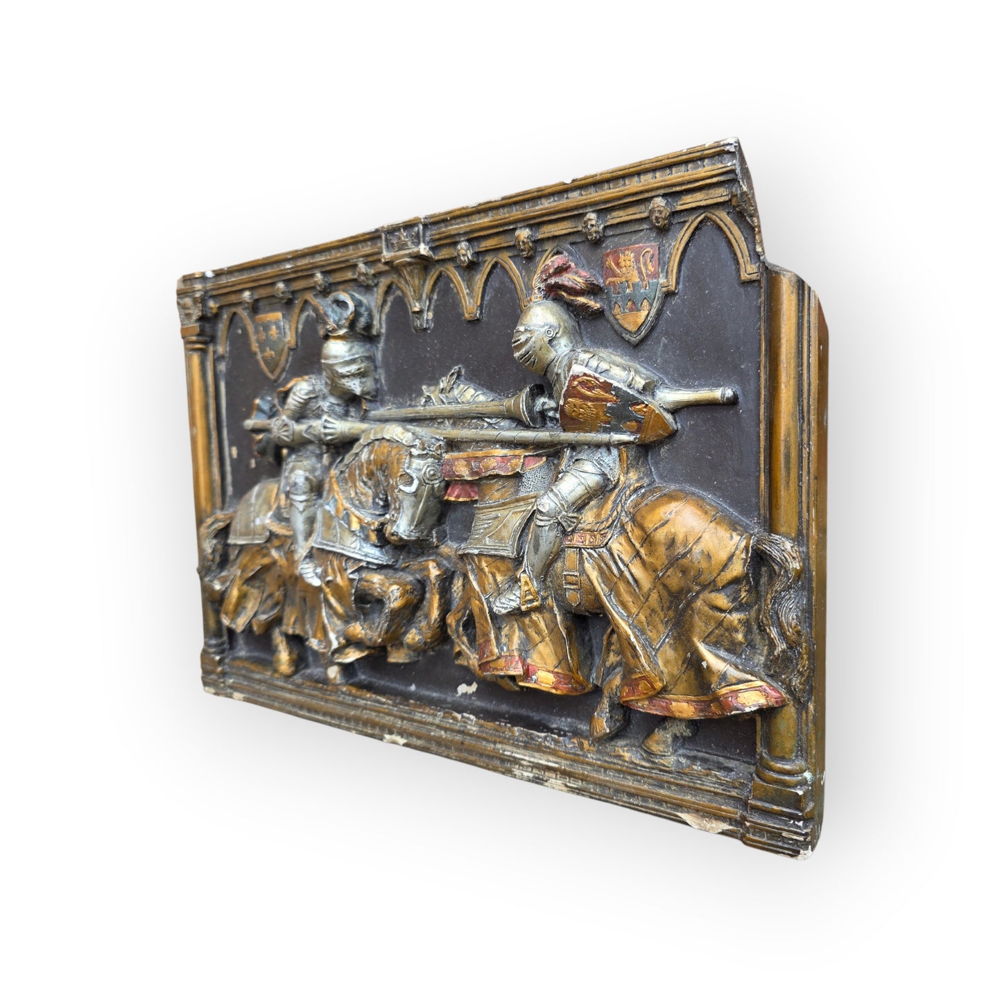 Medieval Style, English-Made Decorative Plaster Plaque Depicting Knights Jousting in Original Polychrome