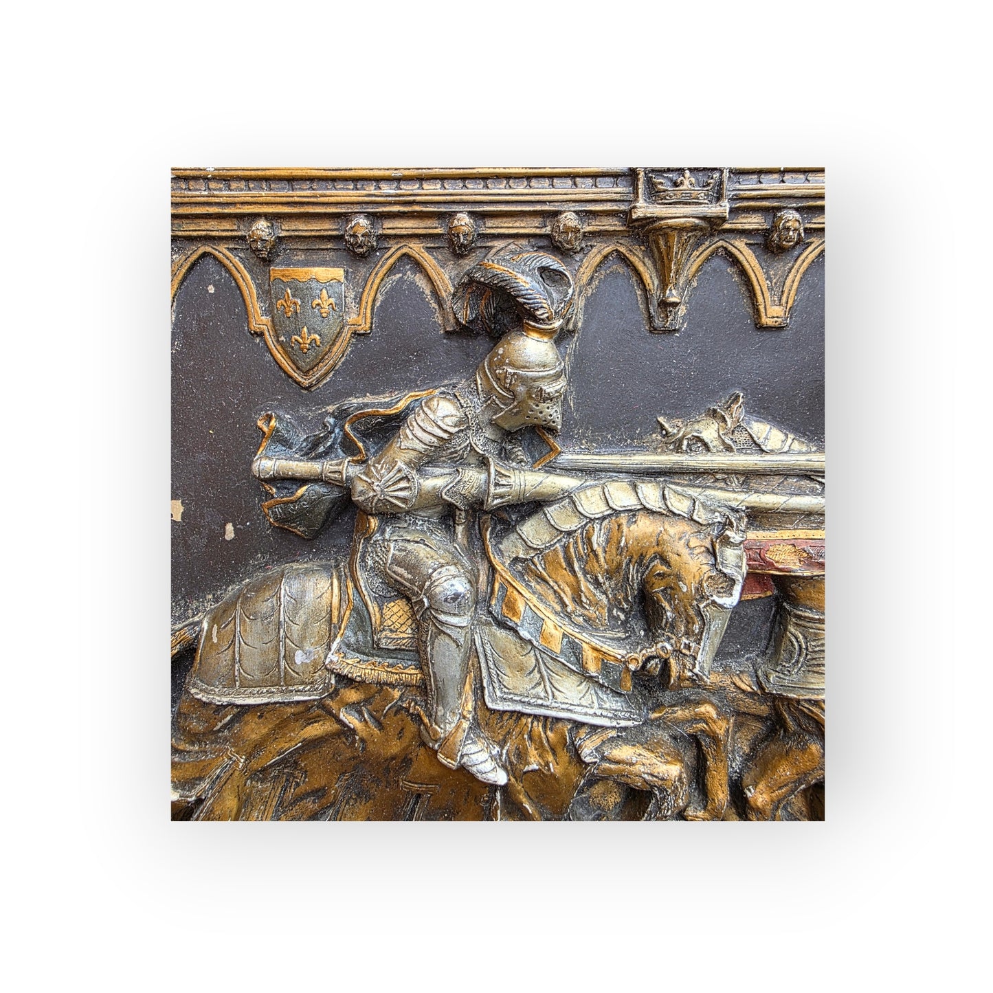 Medieval Style, English-Made Decorative Plaster Plaque Depicting Knights Jousting in Original Polychrome