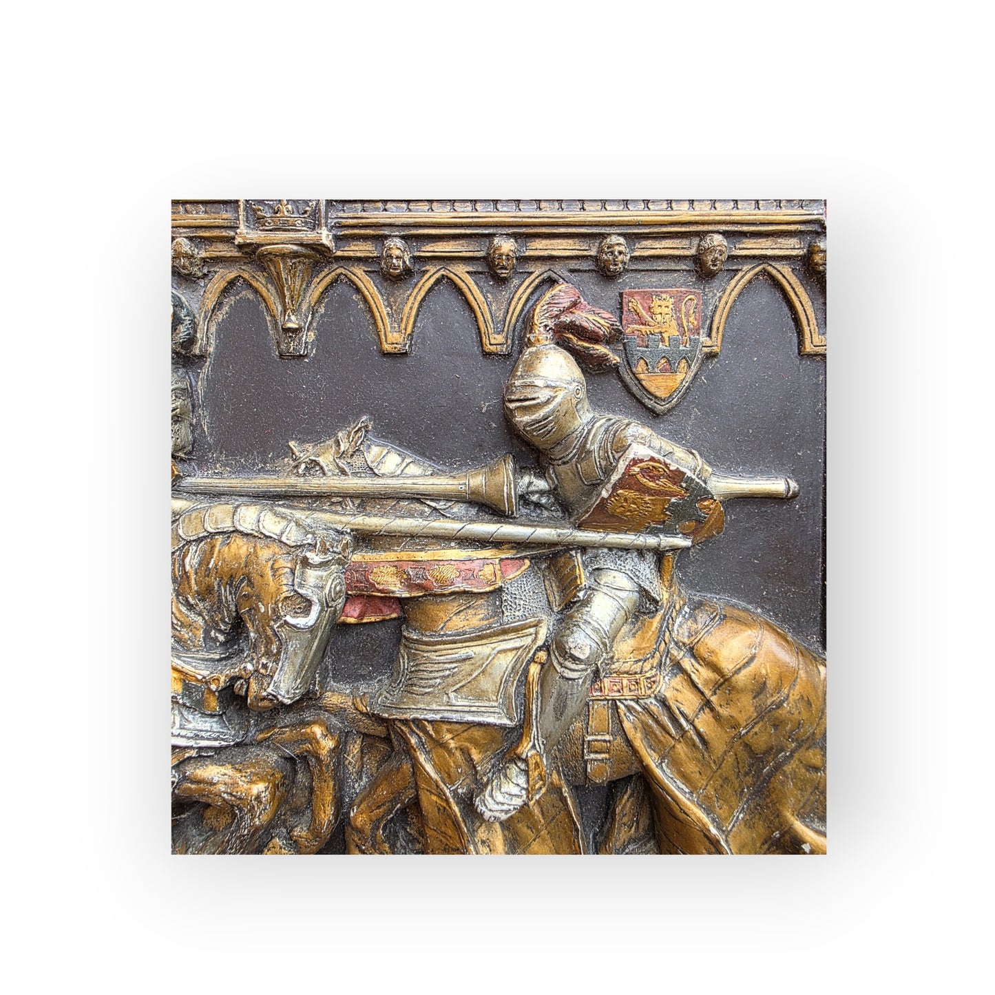 Medieval Style, English-Made Decorative Plaster Plaque Depicting Knights Jousting in Original Polychrome