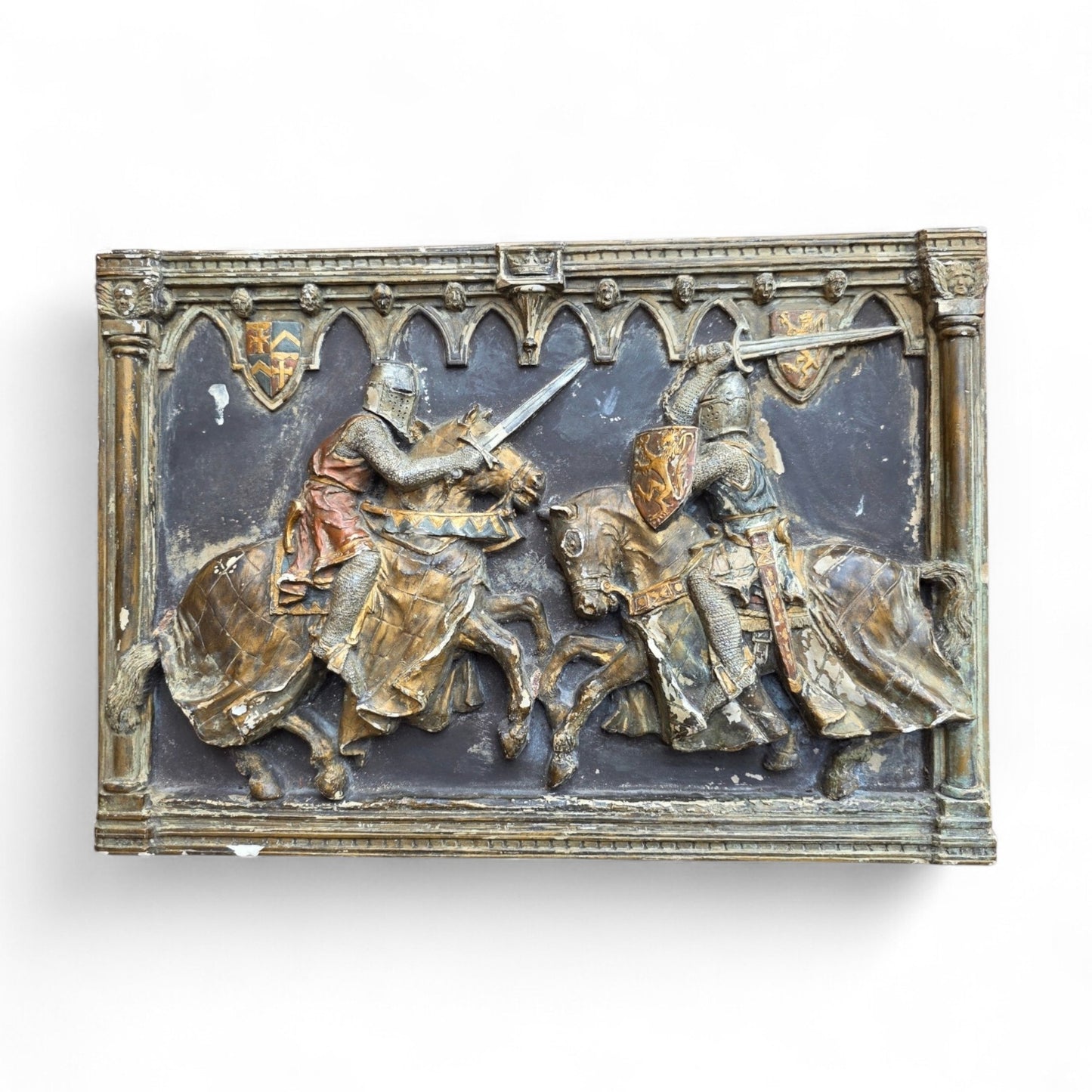 Medieval Style, English-Made Decorative Plaster Plaque Depicting Knights Locked in Combat