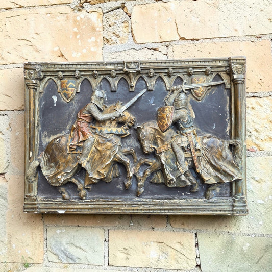 Medieval Style, English-Made Decorative Plaster Plaque Depicting Knights Locked in Combat