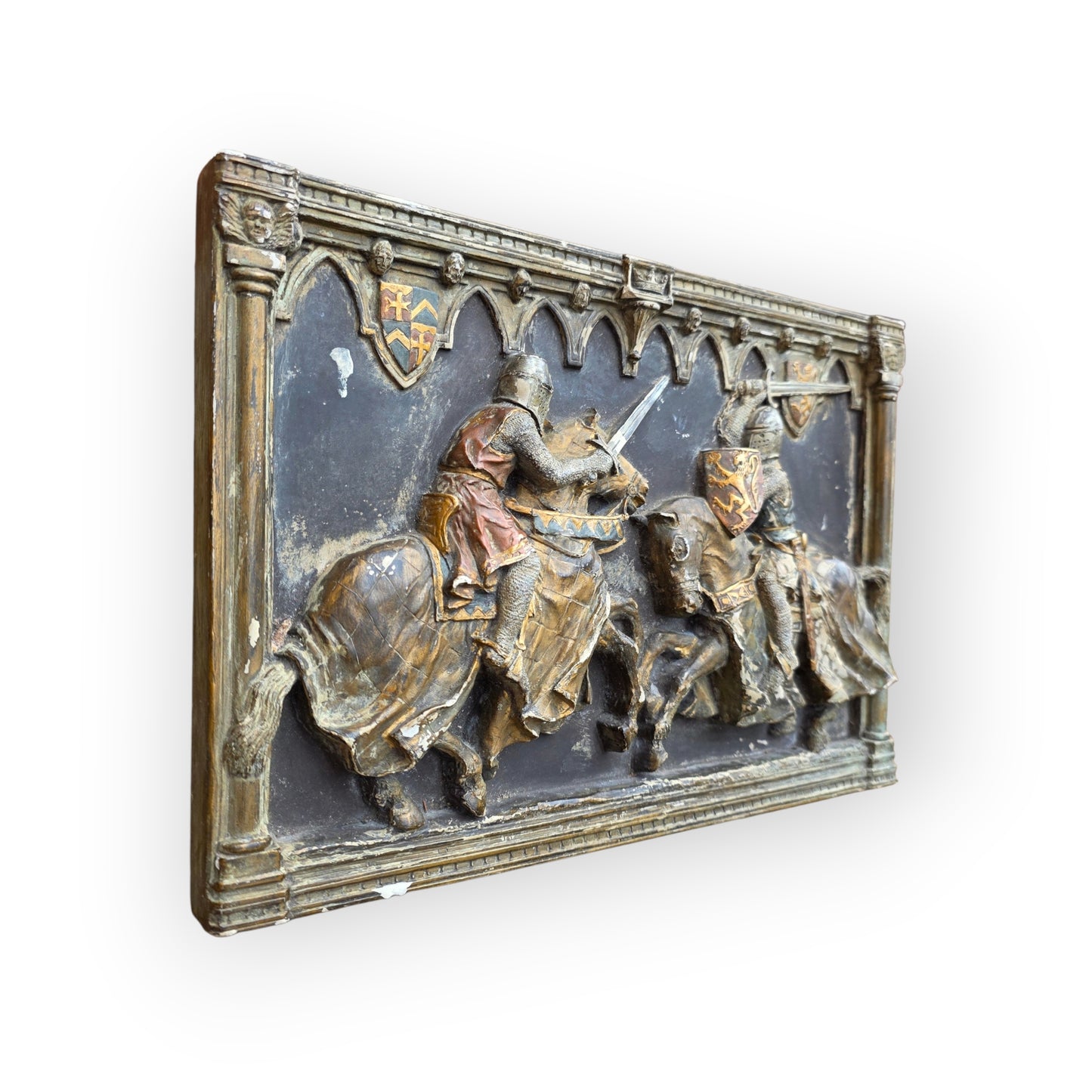 Medieval Style, English-Made Decorative Plaster Plaque Depicting Knights Locked in Combat