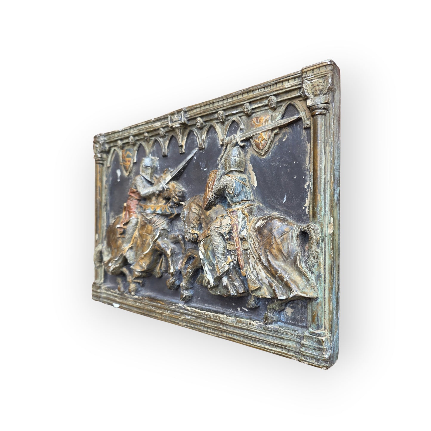 Medieval Style, English-Made Decorative Plaster Plaque Depicting Knights Locked in Combat