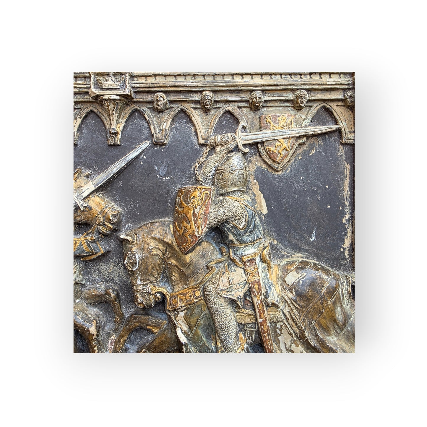Medieval Style, English-Made Decorative Plaster Plaque Depicting Knights Locked in Combat