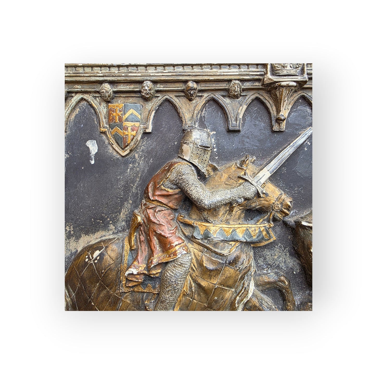 Medieval Style, English-Made Decorative Plaster Plaque Depicting Knights Locked in Combat