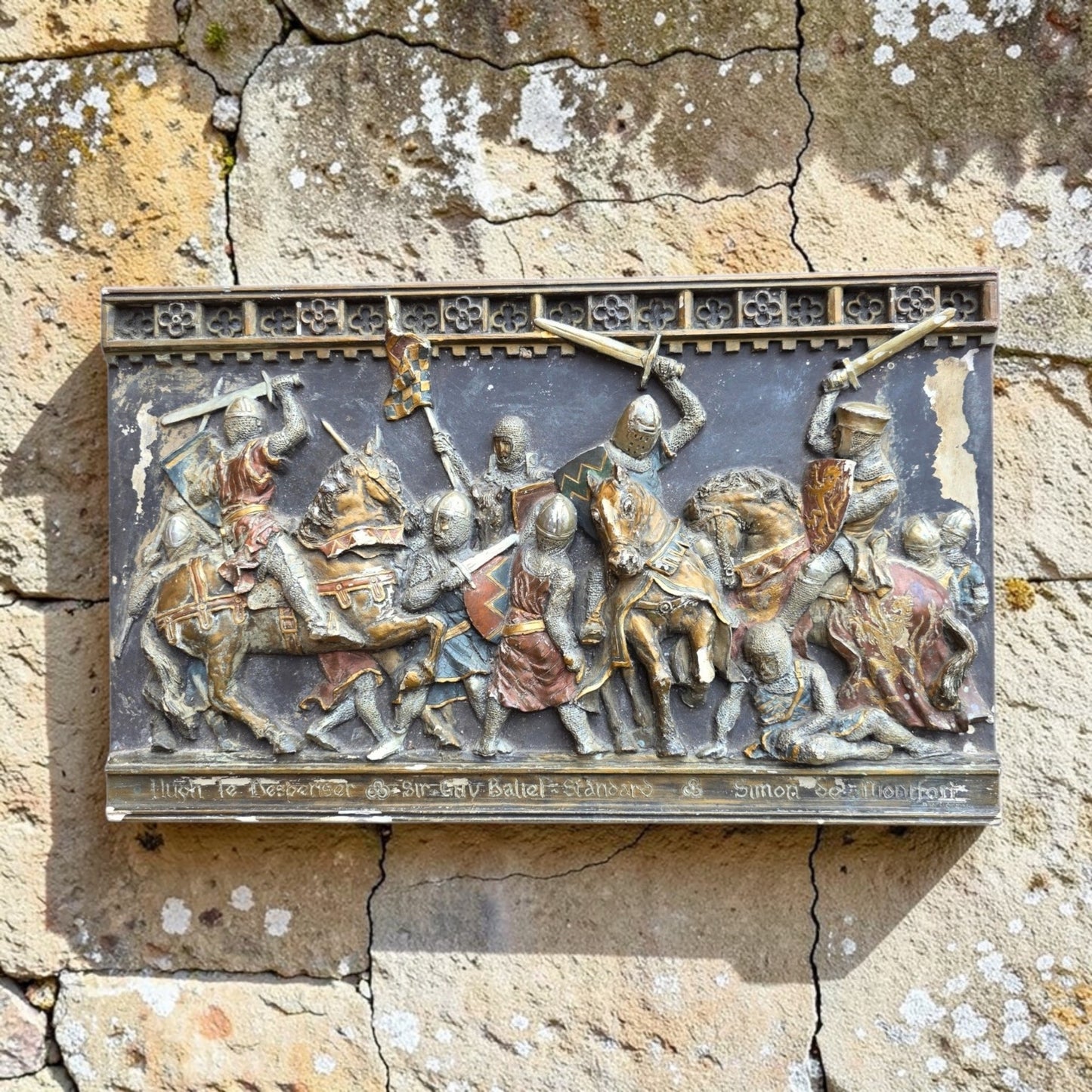 Medieval Style, English-Made Decorative Plaster Plaque Depicting A Battle Scene