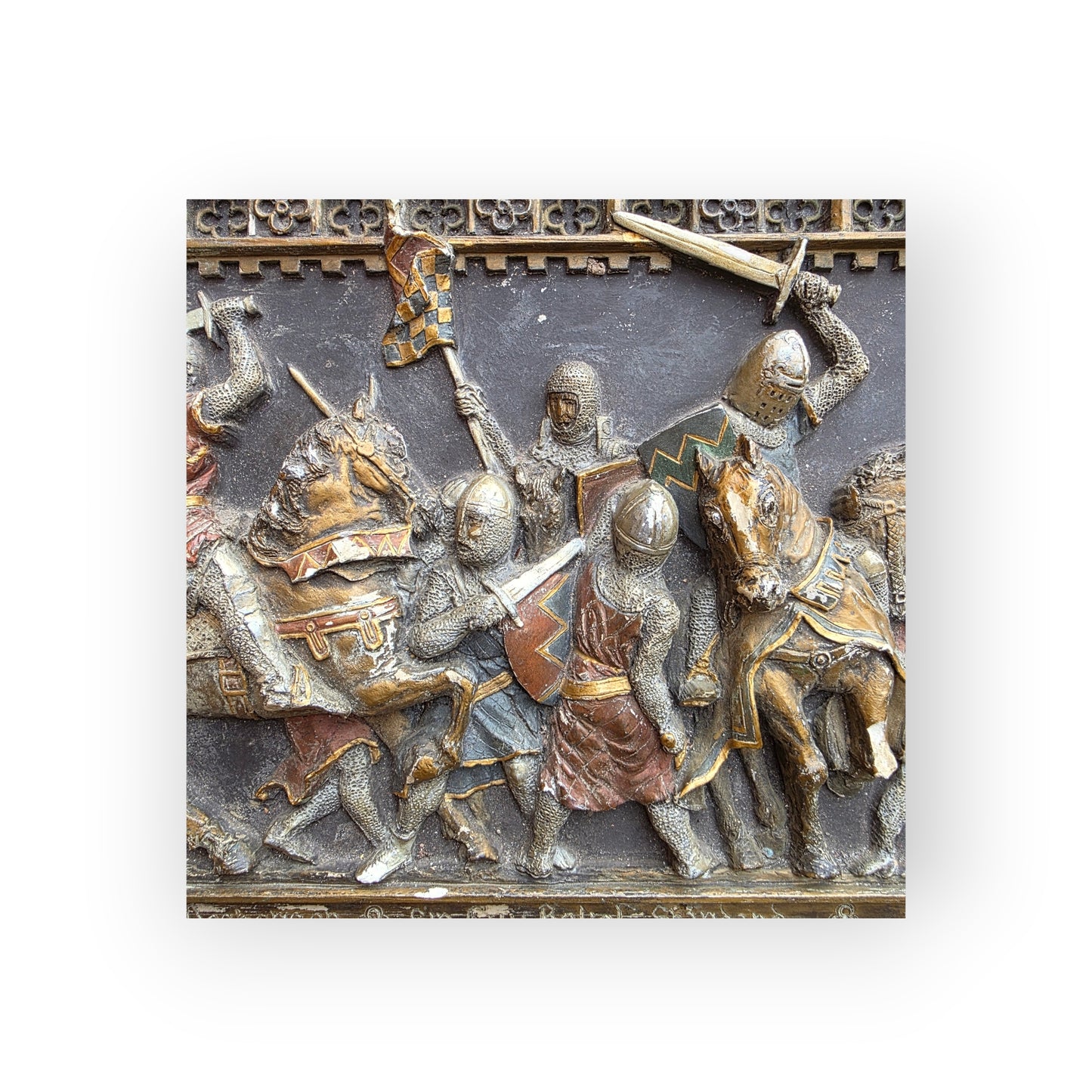 Medieval Style, English-Made Decorative Plaster Plaque Depicting A Battle Scene