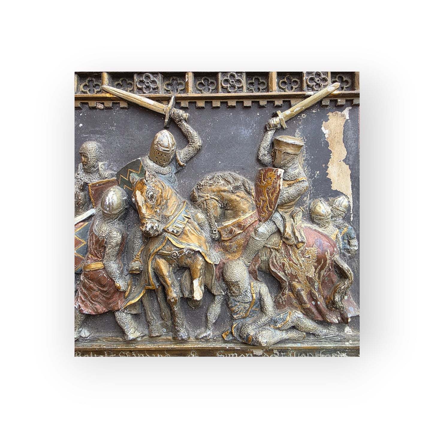 Medieval Style, English-Made Decorative Plaster Plaque Depicting A Battle Scene
