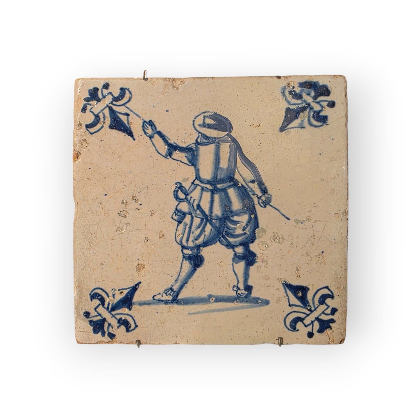 Early‑to‑Mid 17th‑Century Dutch Antique Delftware Tile Depicting a Soldier with Pike Drawn, circa 1625–1650