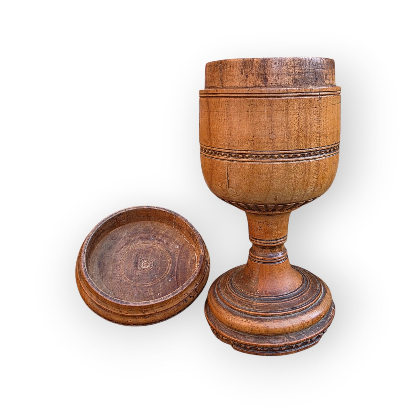 Late 18th-Century Antique Treen / Fruitwood Turned Wooden Goblet with Cover