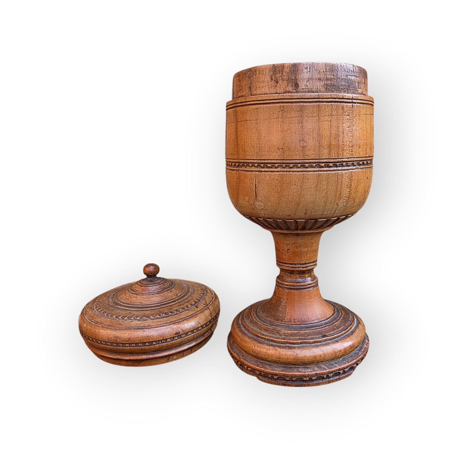 Late 18th-Century Antique Treen / Fruitwood Turned Wooden Goblet with Cover