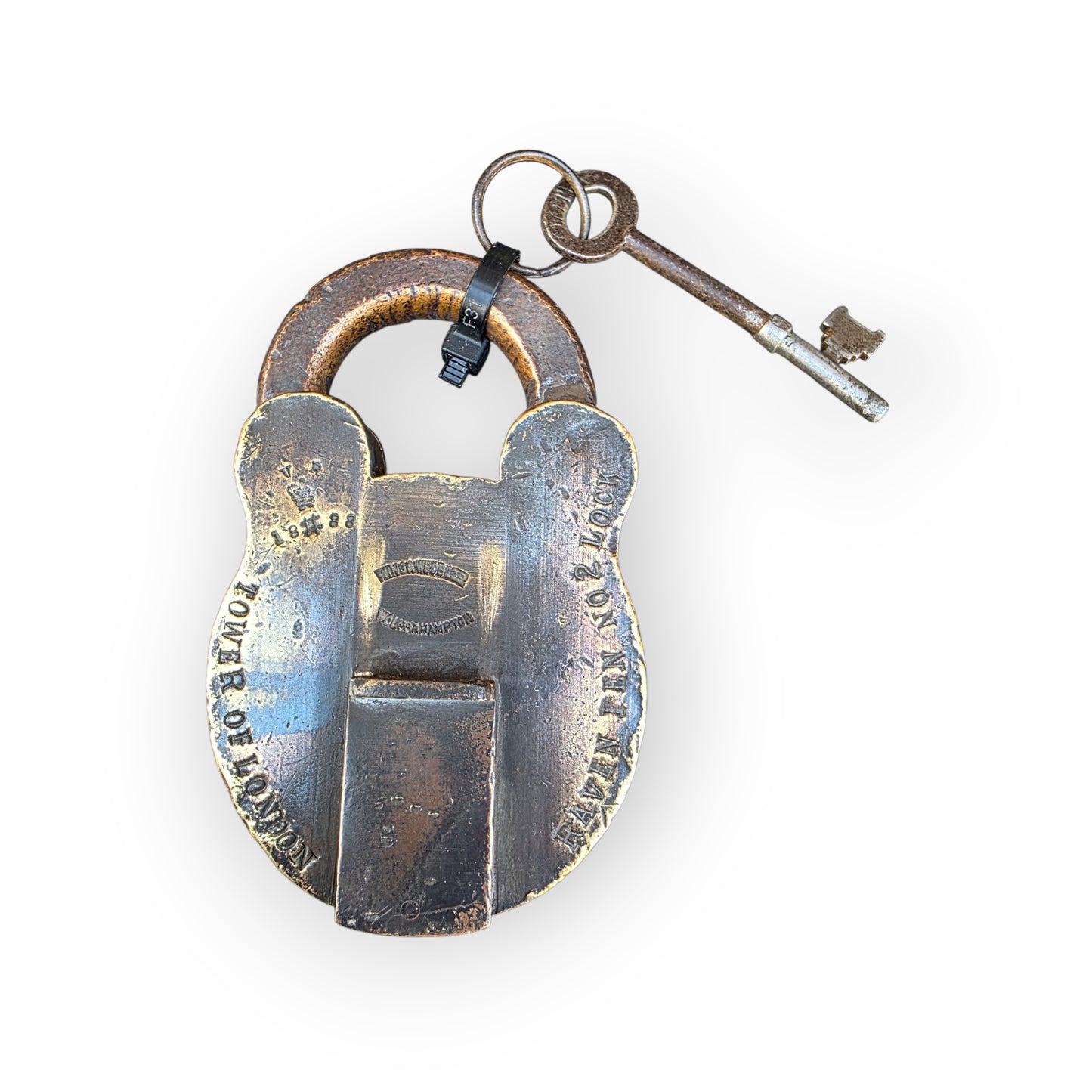 Tower of London Interest - A Large, Rare, 19th Century Antique Brass Padlock, Bearing the Impressed Mark "Tower of London", "Raven Pen No.2." & Crown Proof Mark