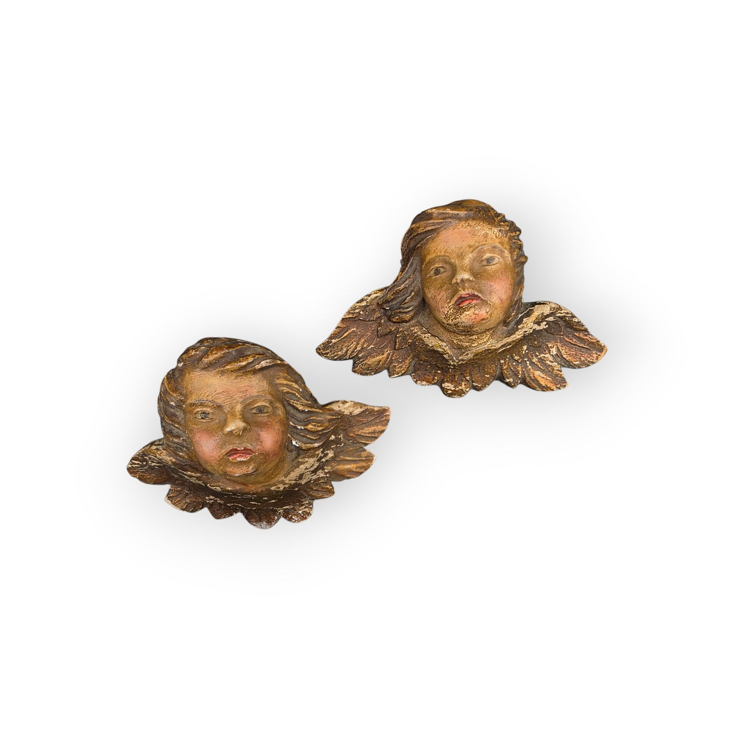Pair of Diminutive Early 18th-Century Baroque Antique Carved Wooden Winged Cherubs