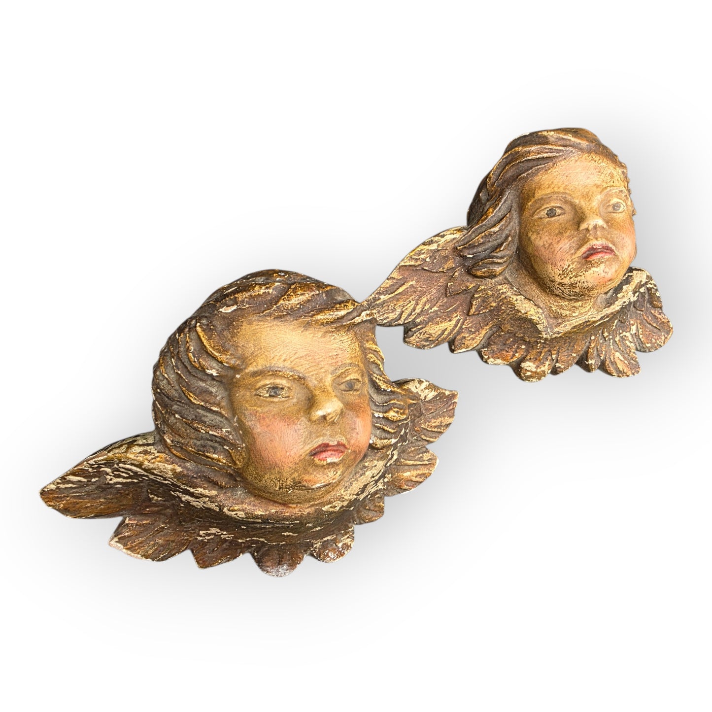 Pair of Diminutive Early 18th-Century Baroque Antique Carved Wooden Winged Cherubs