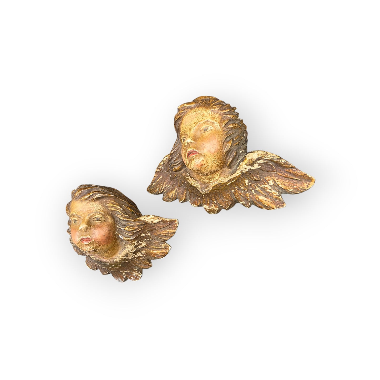 Pair of Diminutive Early 18th-Century Baroque Antique Carved Wooden Winged Cherubs