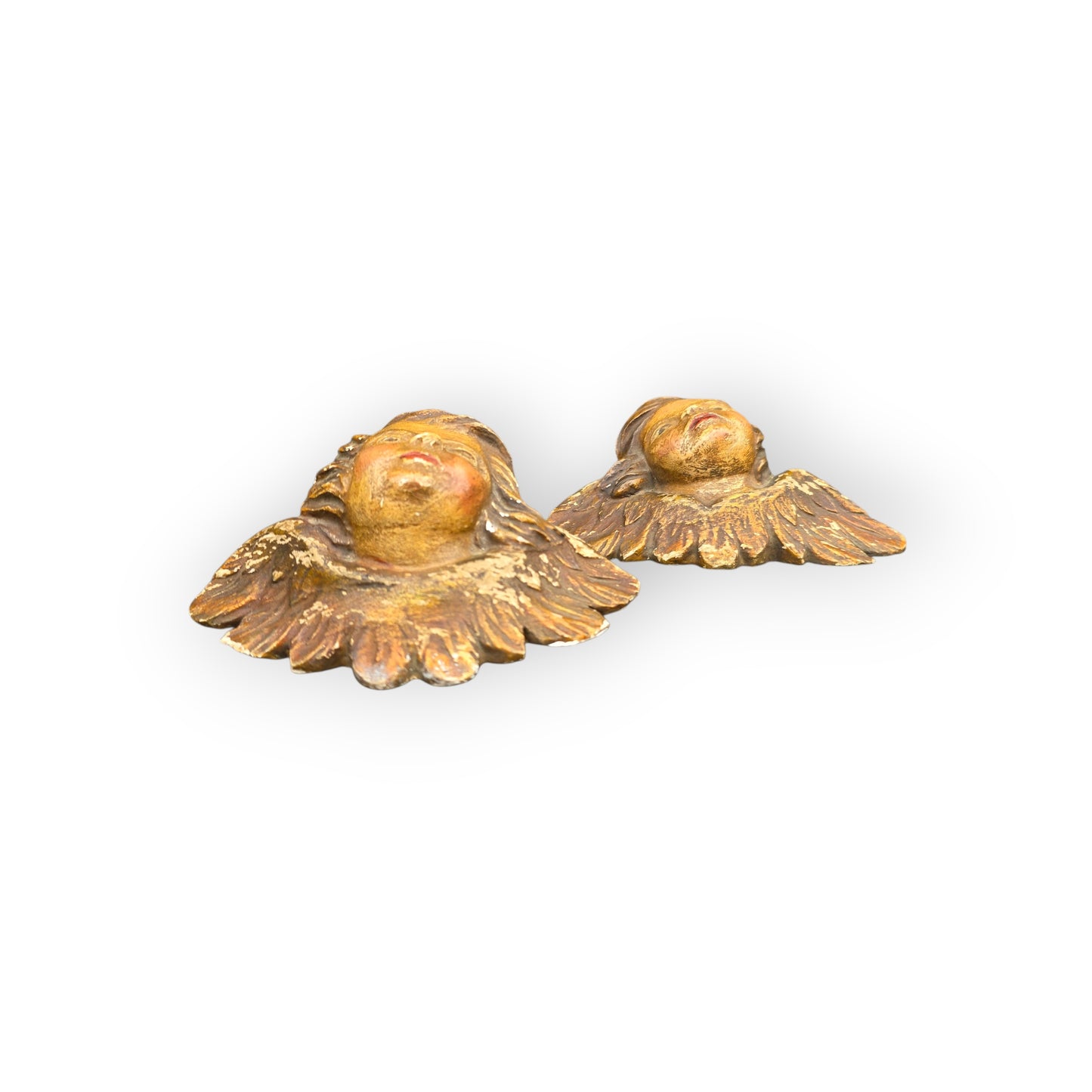 Pair of Diminutive Early 18th-Century Baroque Antique Carved Wooden Winged Cherubs