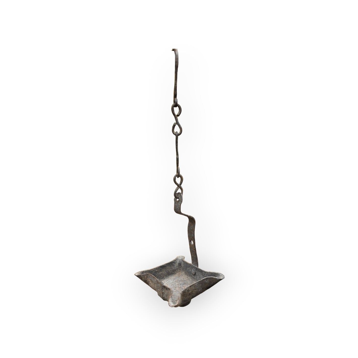 17th-Century / 18th-Century Four-Spout Antique Iron Grease Lamp with Twisted Trammel Chain and Hanging Hook, circa 1650-1750
