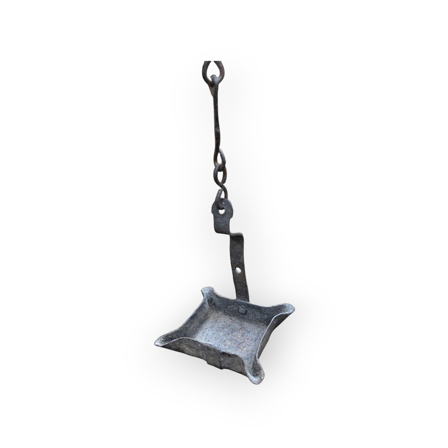 17th-Century / 18th-Century Four-Spout Antique Iron Grease Lamp with Twisted Trammel Chain and Hanging Hook, circa 1650-1750