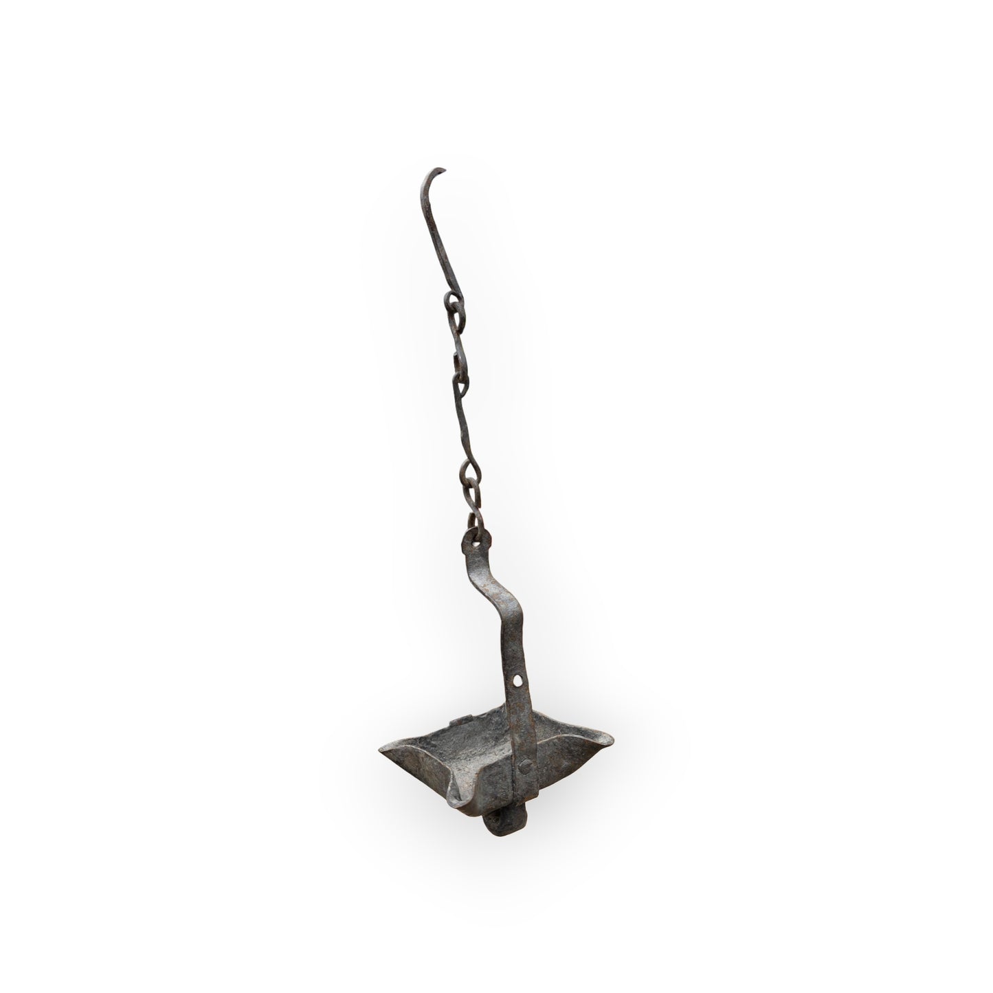 17th-Century / 18th-Century Four-Spout Antique Iron Grease Lamp with Twisted Trammel Chain and Hanging Hook, circa 1650-1750