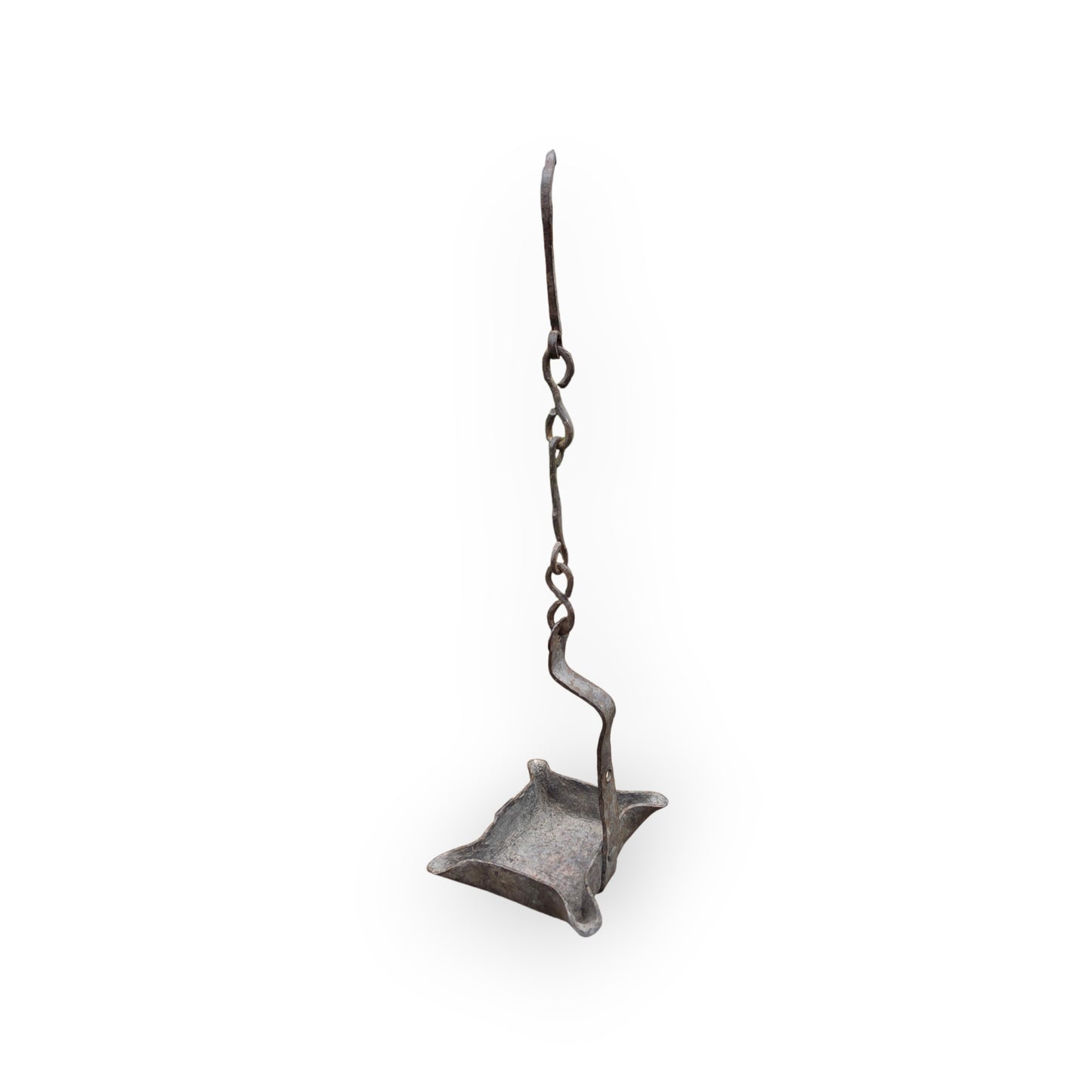 17th-Century / 18th-Century Four-Spout Antique Iron Grease Lamp with Twisted Trammel Chain and Hanging Hook, circa 1650-1750