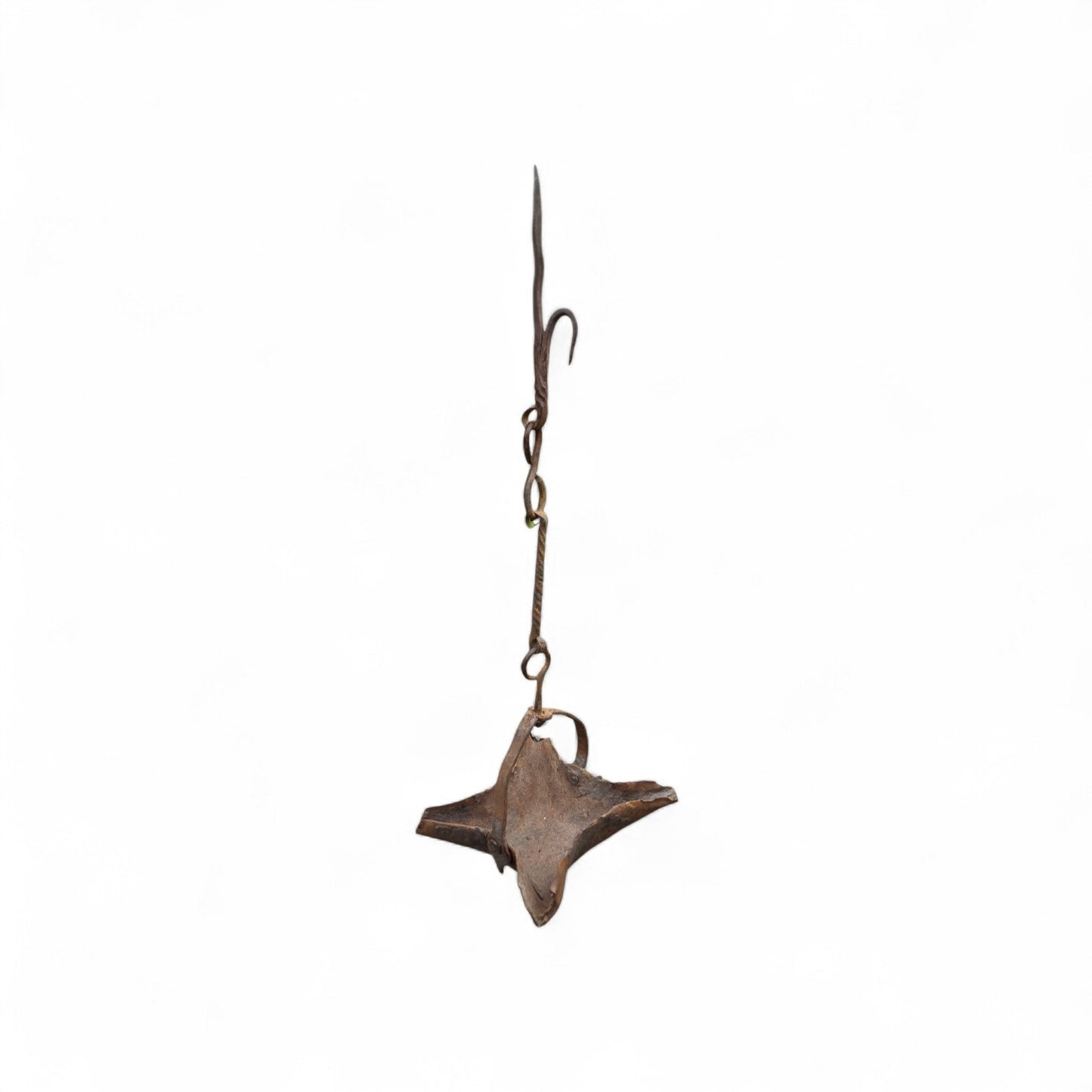 17th-Century / 18th-Century Antique Wrought Iron Four-Spout Open Iron Grease Lamp / Cruisie Lamp with Halberd Hook, circa 1650-1750