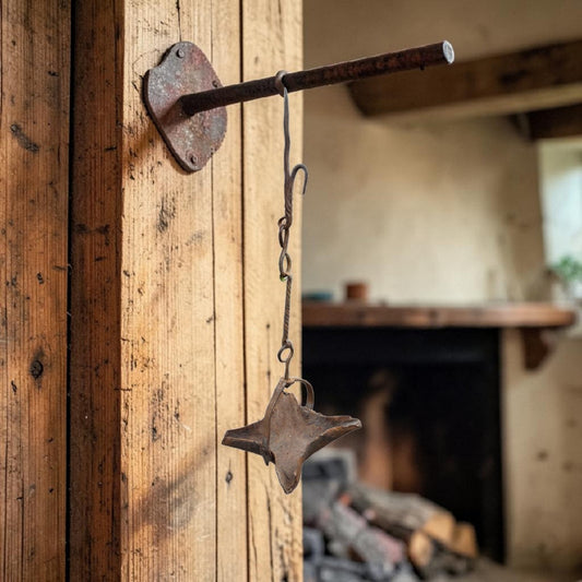 17th-Century / 18th-Century Antique Wrought Iron Four-Spout Open Iron Grease Lamp / Cruisie Lamp with Halberd Hook, circa 1650-1750